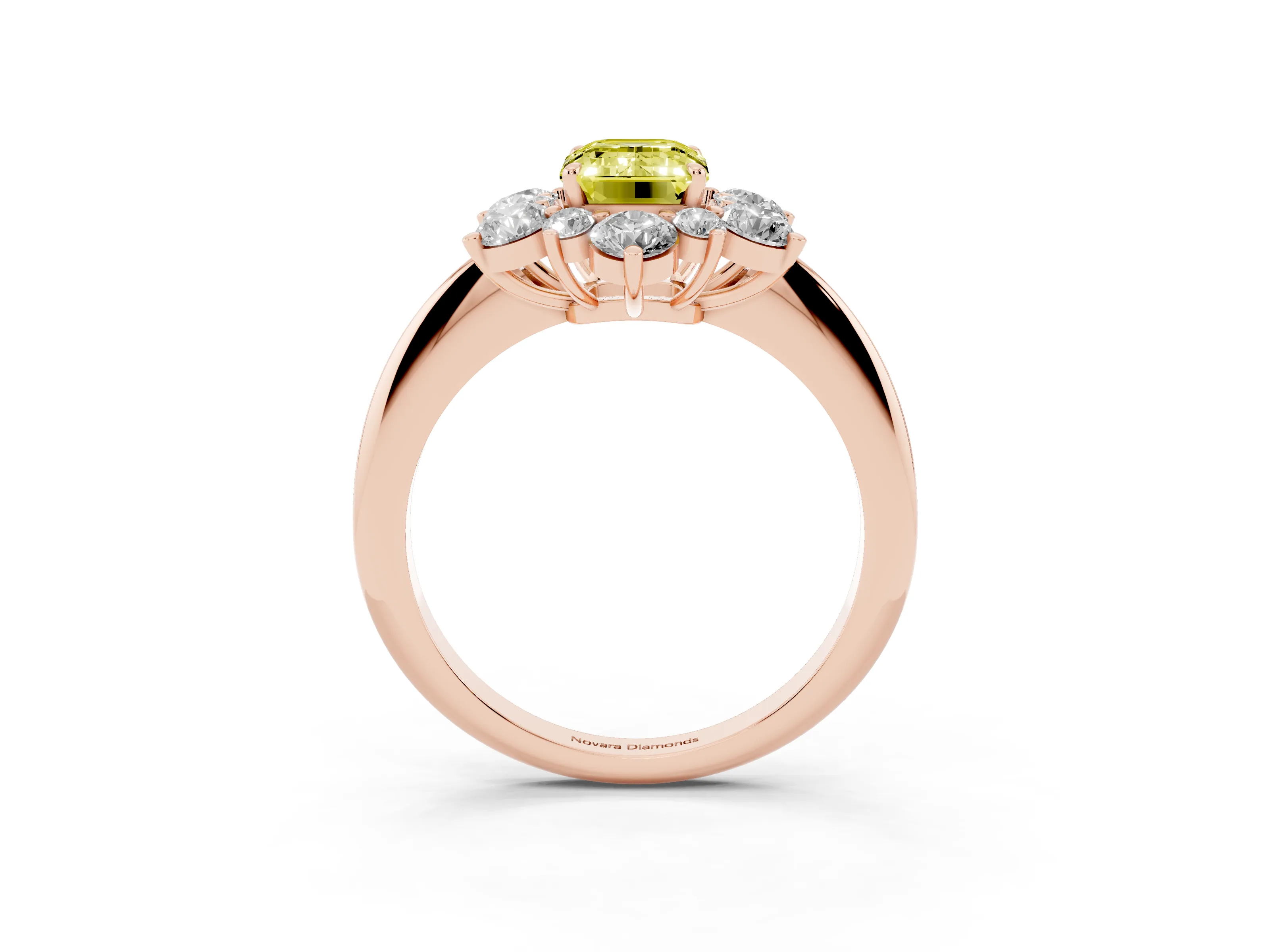 Fancy Yellow Emerald Cut Diamond Cluster Halo Ring Set in Rose gold with Solitaire Band and Prong Setting