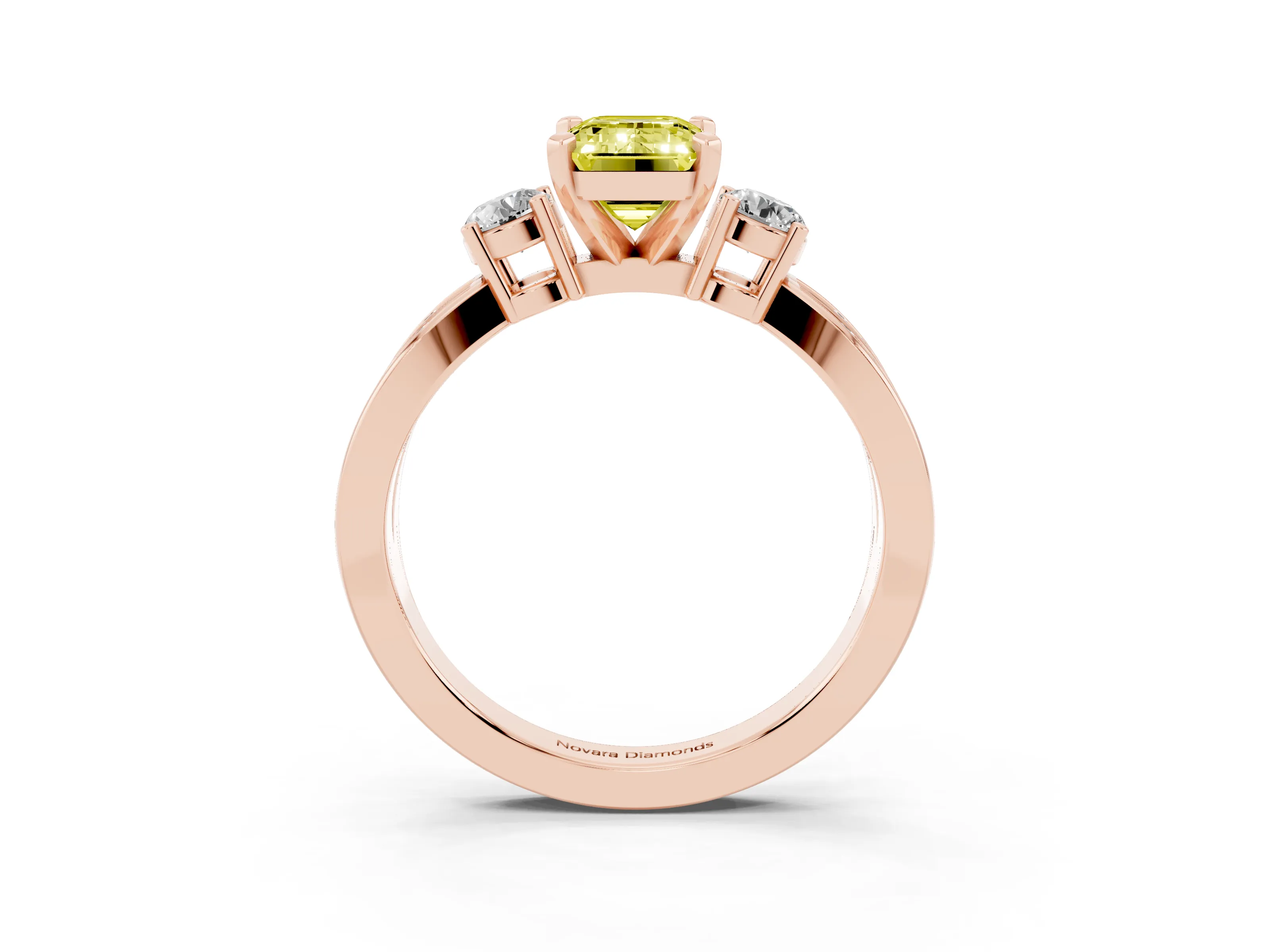 Fancy Yellow Three-Stone Emerald Cut Diamond Twist Band Ring Set in Rose gold with Pavé Accents and Prong Setting
