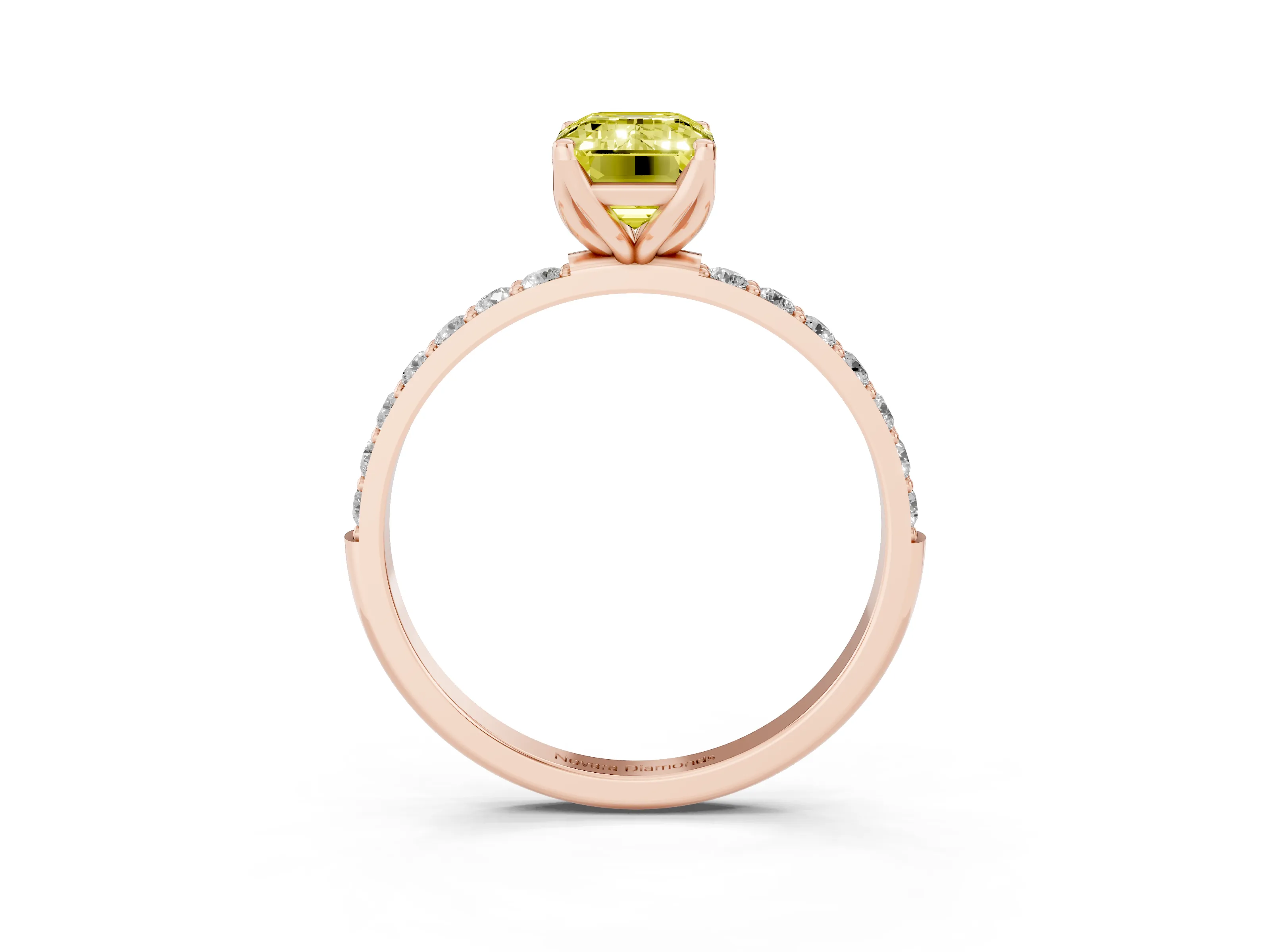 Fancy Yellow Emerald Cut Diamond Solitaire Engagement Ring Set in Rose gold with Round Pavé Band and Prong Setting
