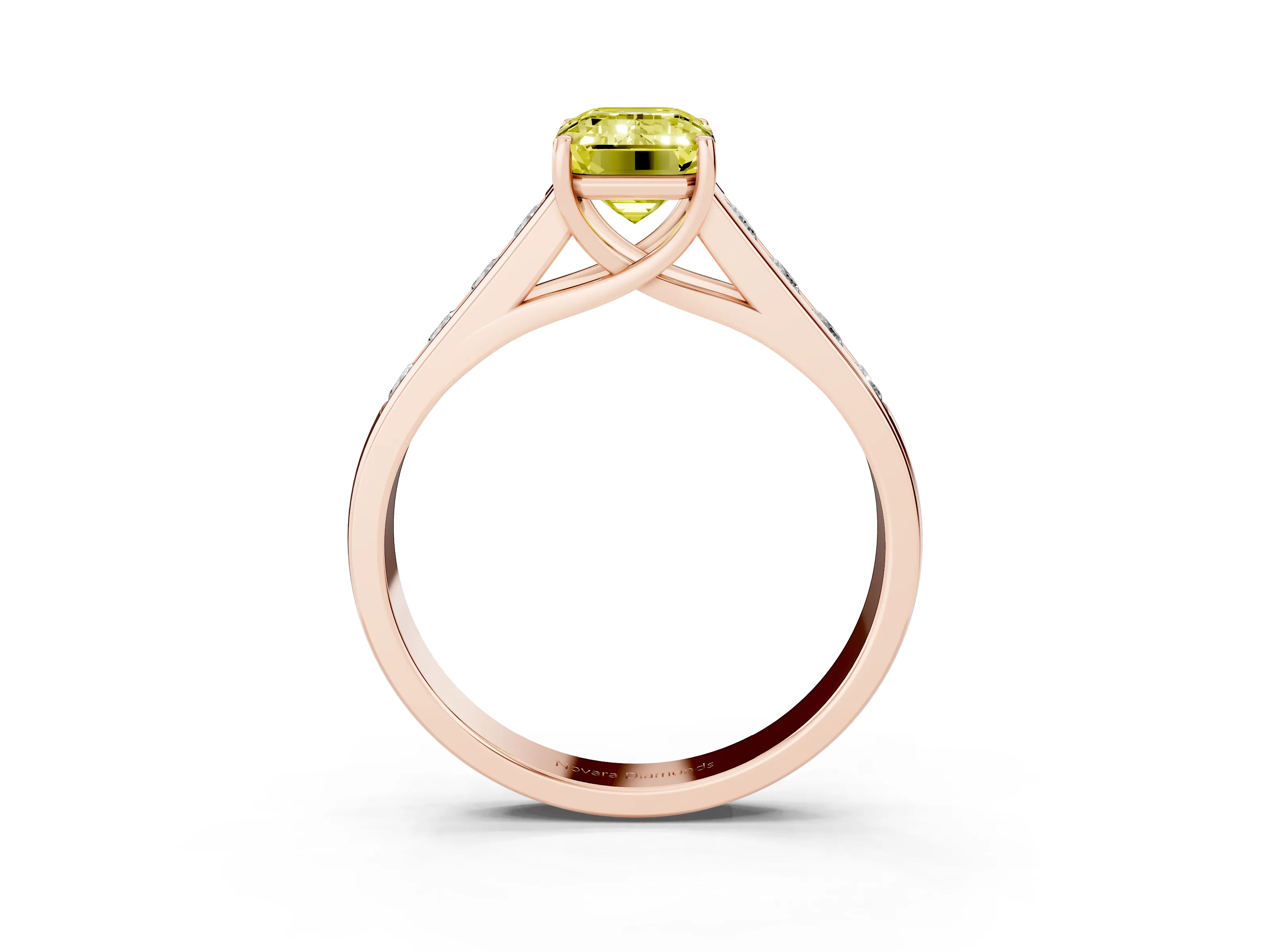 Fancy Yellow Emerald Cut Diamond Solitaire Channel-Set Engagement Ring Set in Rose gold with Prong Setting
