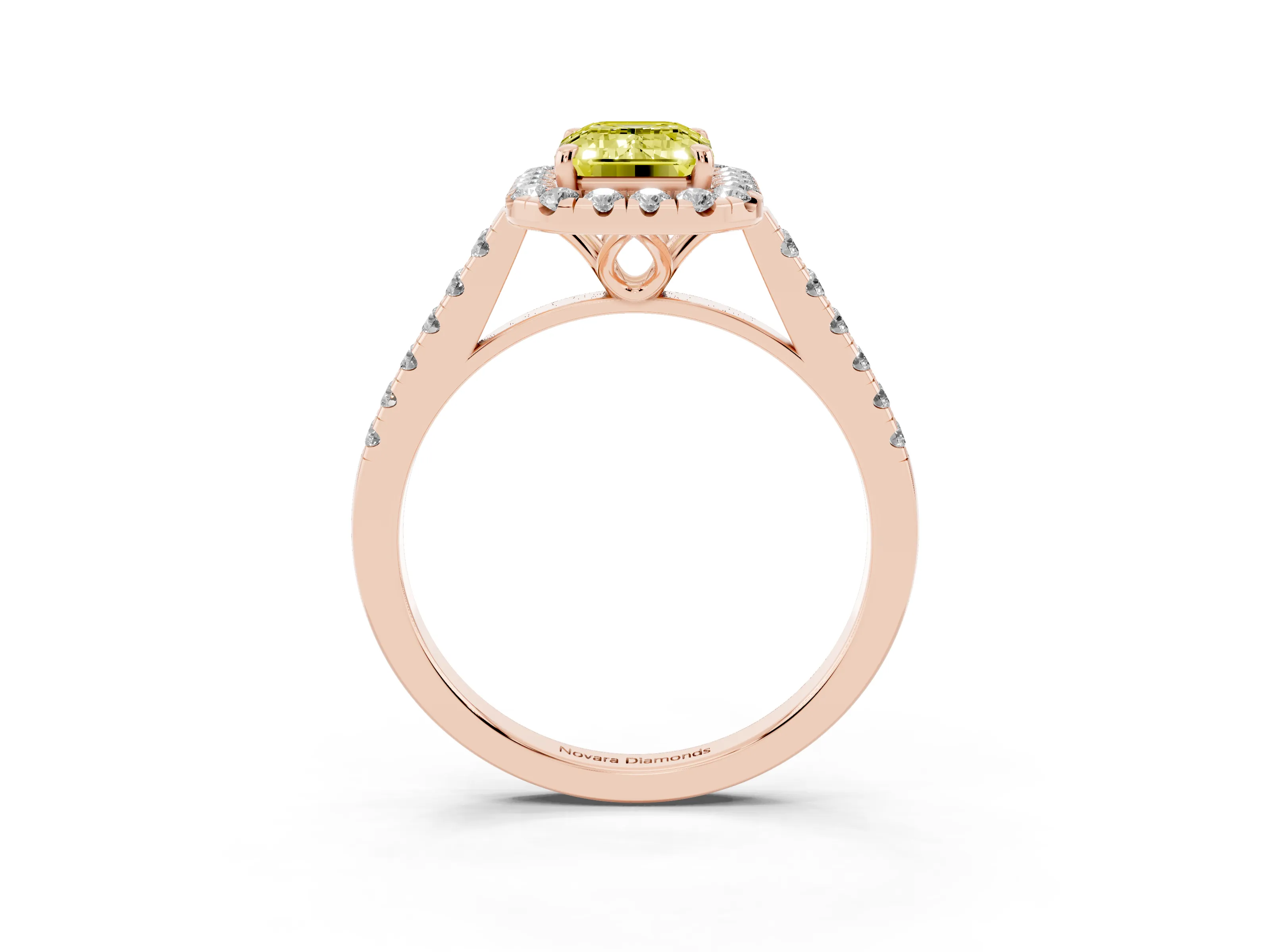 Fancy Yellow Emerald Cut Diamond Pavé Halo Engagement Ring Set in Rose gold with Pavé Band and Prong Setting