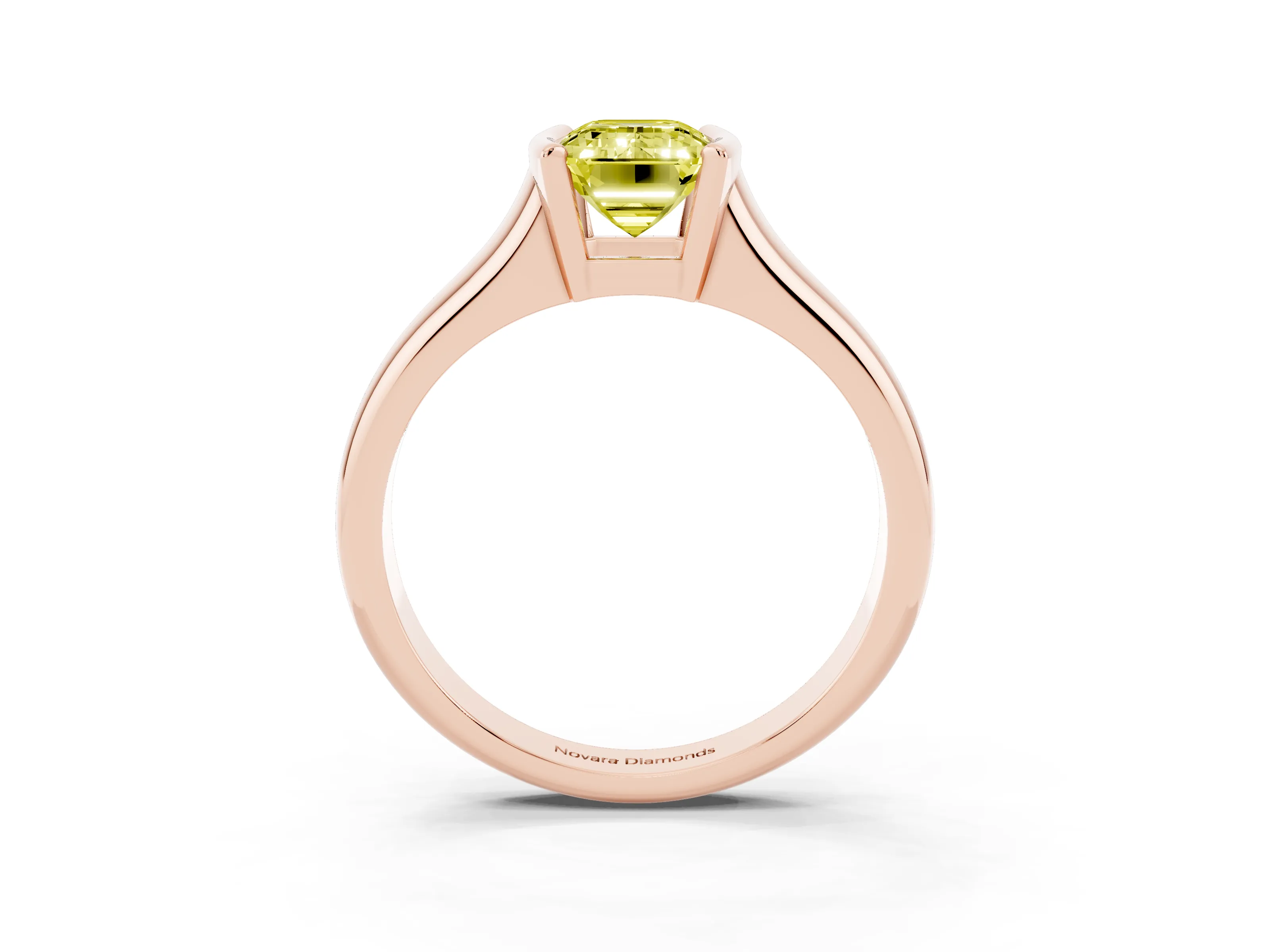 Fancy Yellow Emerald Cut Diamond Solitaire Tension Set Ring Set in Rose gold with Split Shank Band