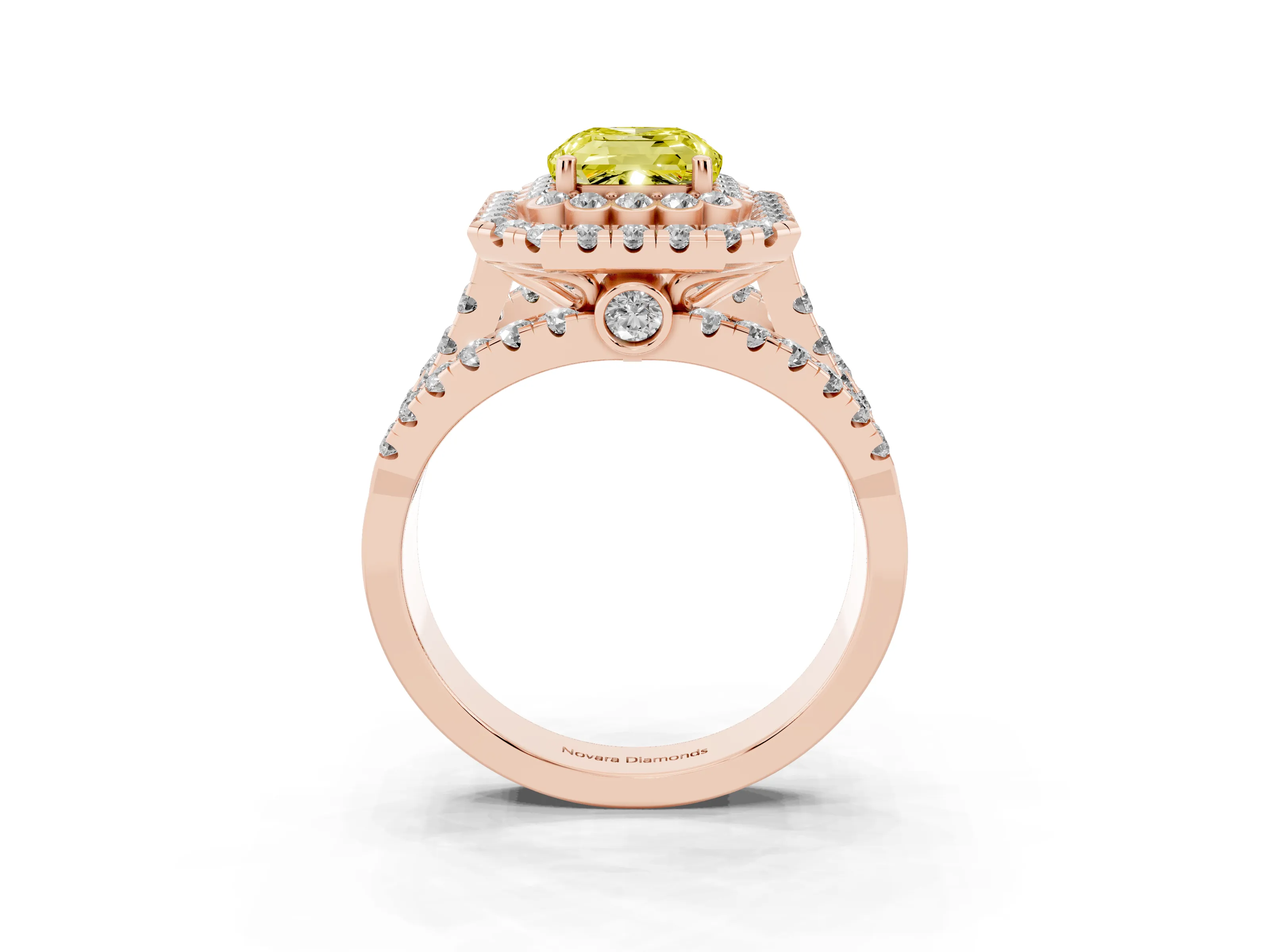 Fancy Yellow Emerald Cut Diamond Double Halo Ring Set in Rose gold with Round Pavé Split Shank