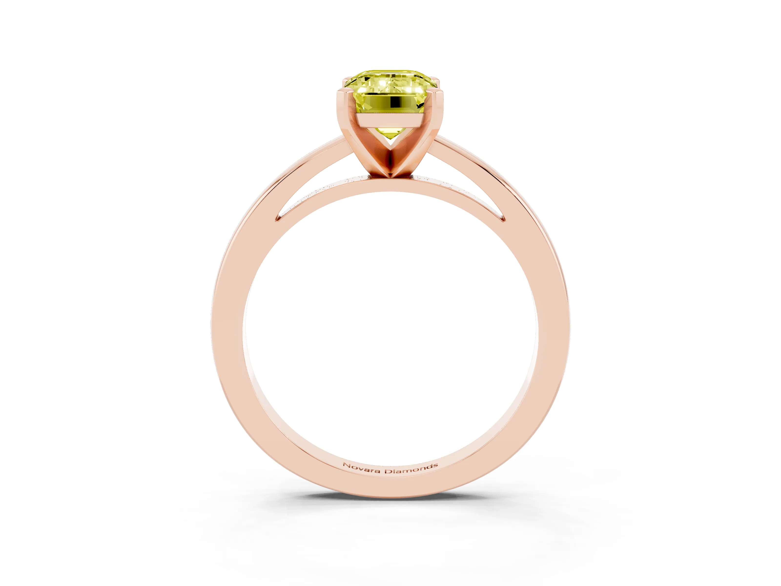 Fancy Yellow Emerald Cut Diamond Solitaire Engagement Ring Set in Rose gold with Prong Setting on a Classic Band