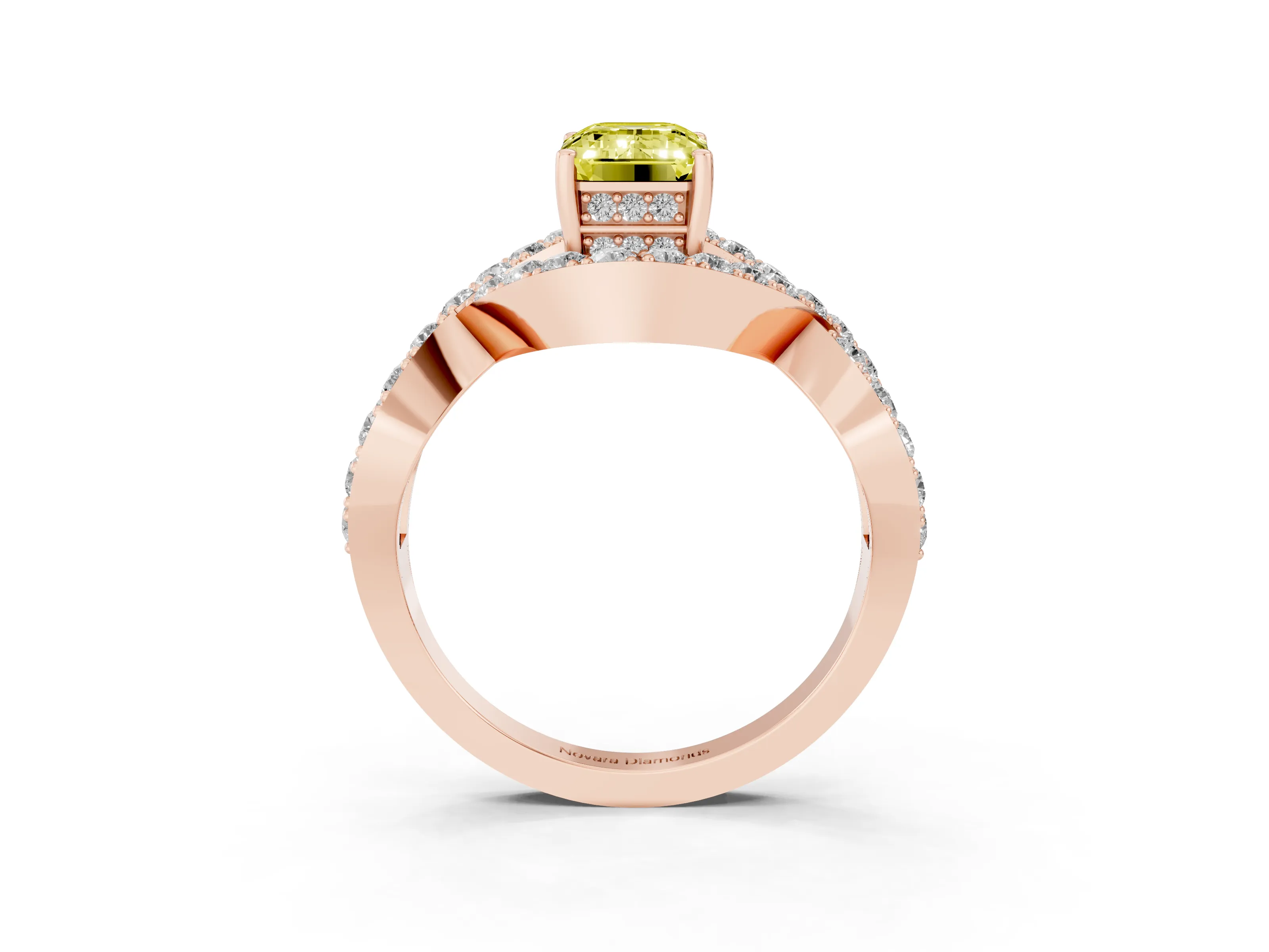 Fancy Yellow Emerald Cut Diamond Solitaire Twist Band Pavé Engagement Ring Set in Rose gold