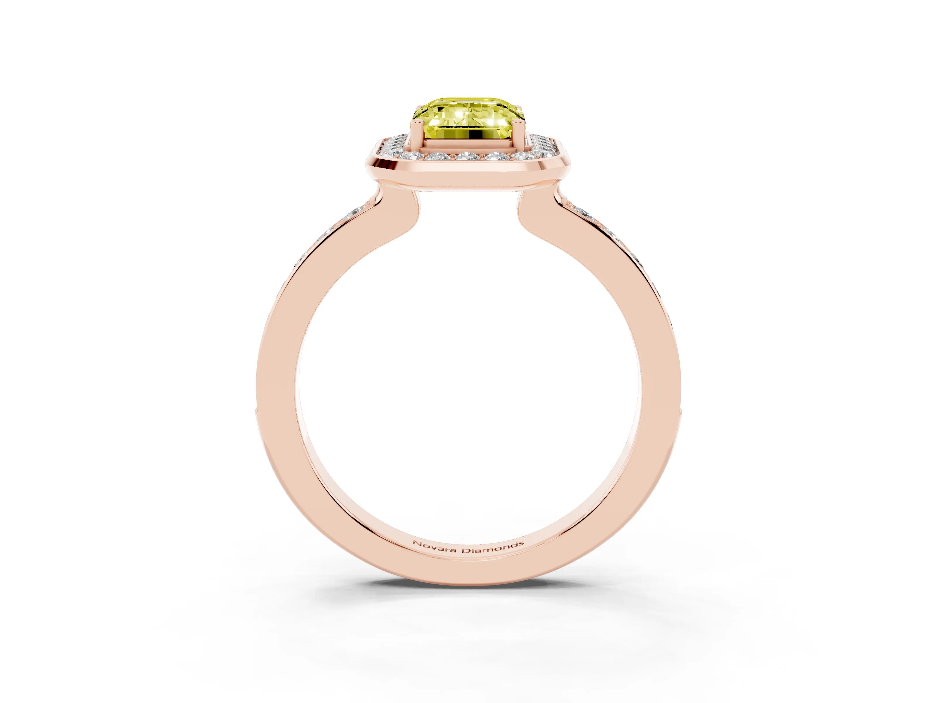 Fancy Yellow Emerald Cut Diamond Halo Ring Set in Rose gold with Bezel Frame and Pavé Band