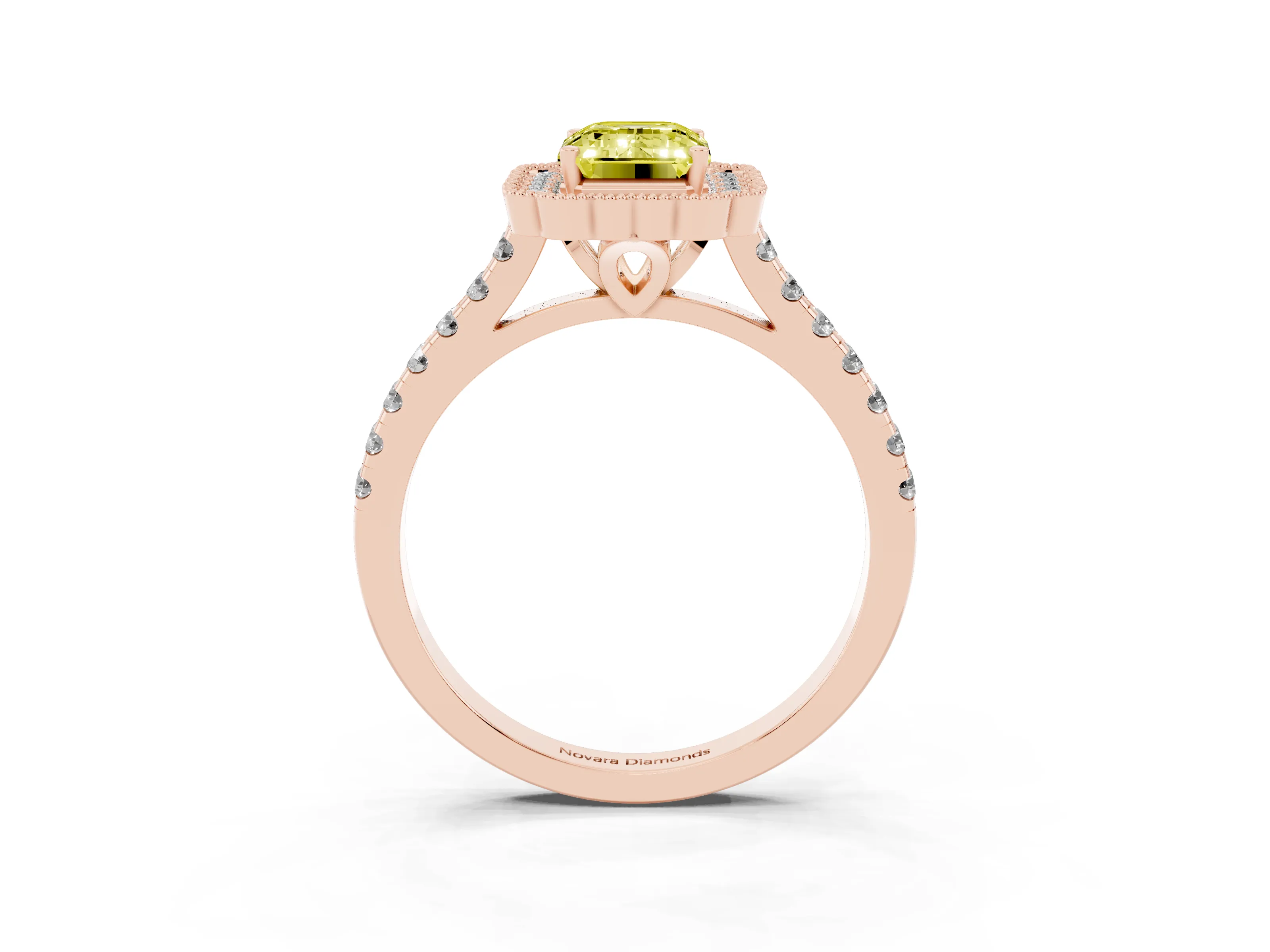 Fancy Yellow Emerald Cut Diamond Milgrain Floral Halo Engagement Ring Set in Rose gold with Pavé Band