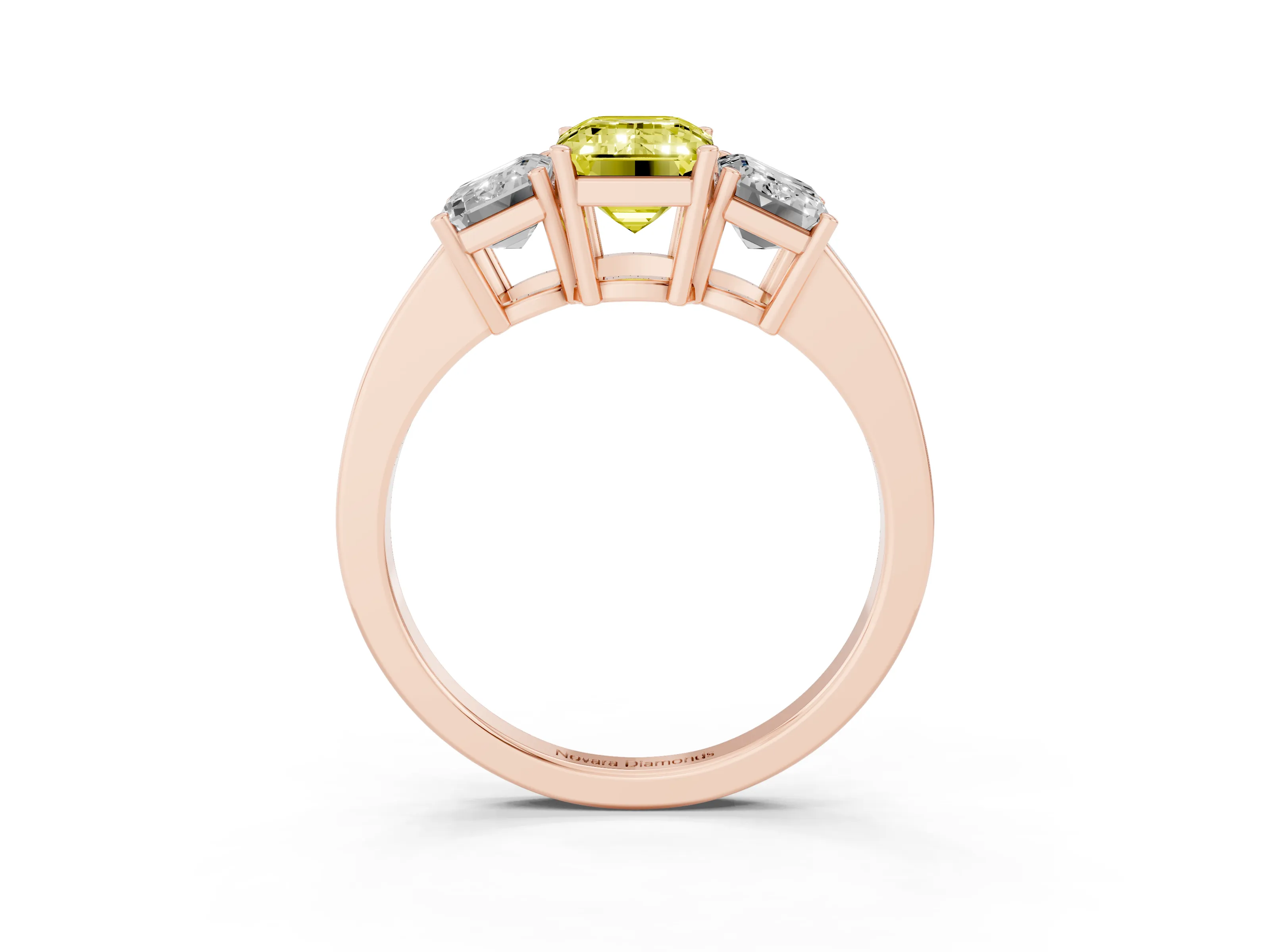Fancy Yellow Emerald Cut Diamond Three-Stone Engagement Ring Set in Rose gold with Flat Band