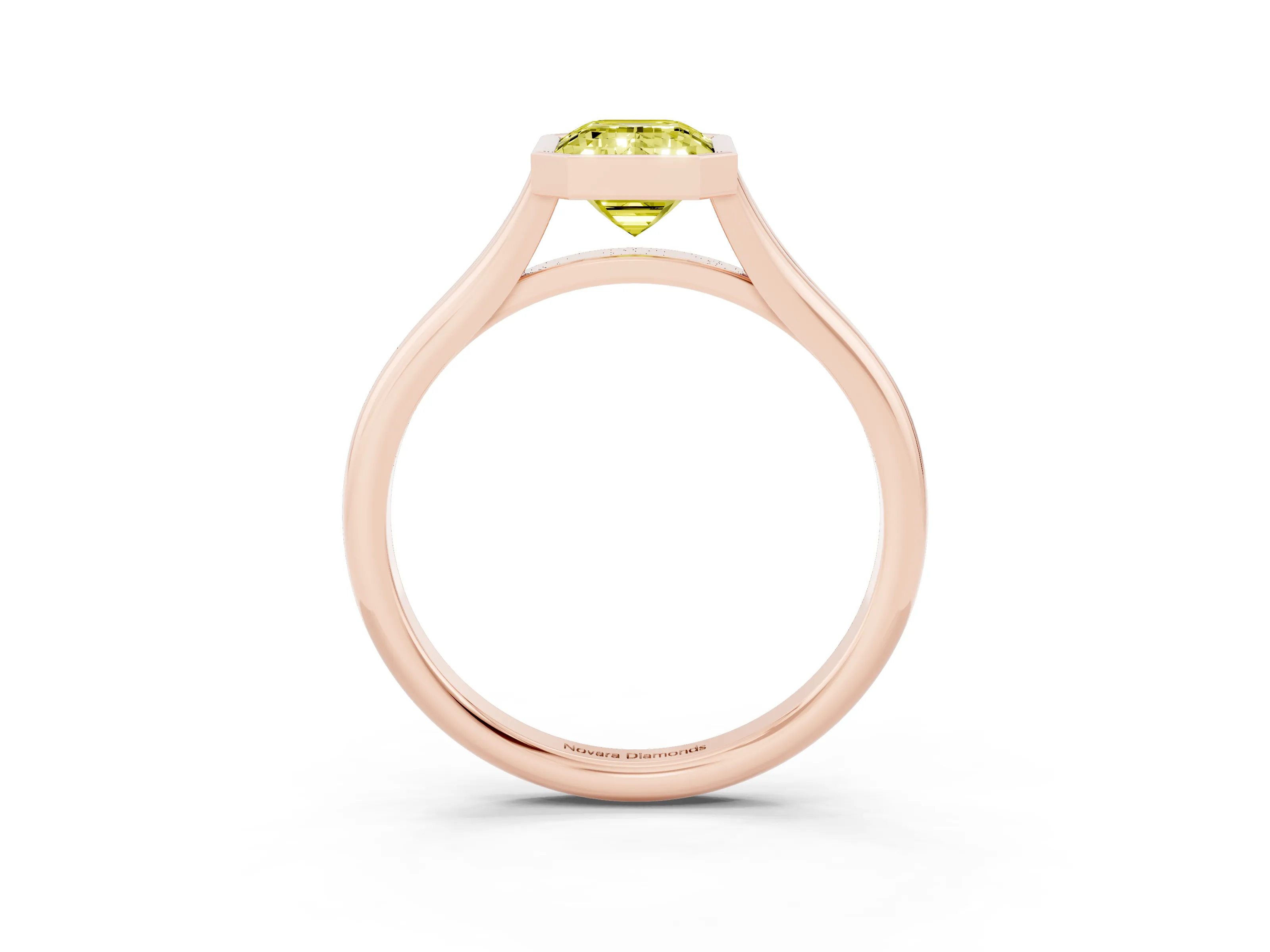 Fancy Yellow Bezel Set Emerald Cut Diamond Solitaire Ring Set in Rose gold with Tapered Band