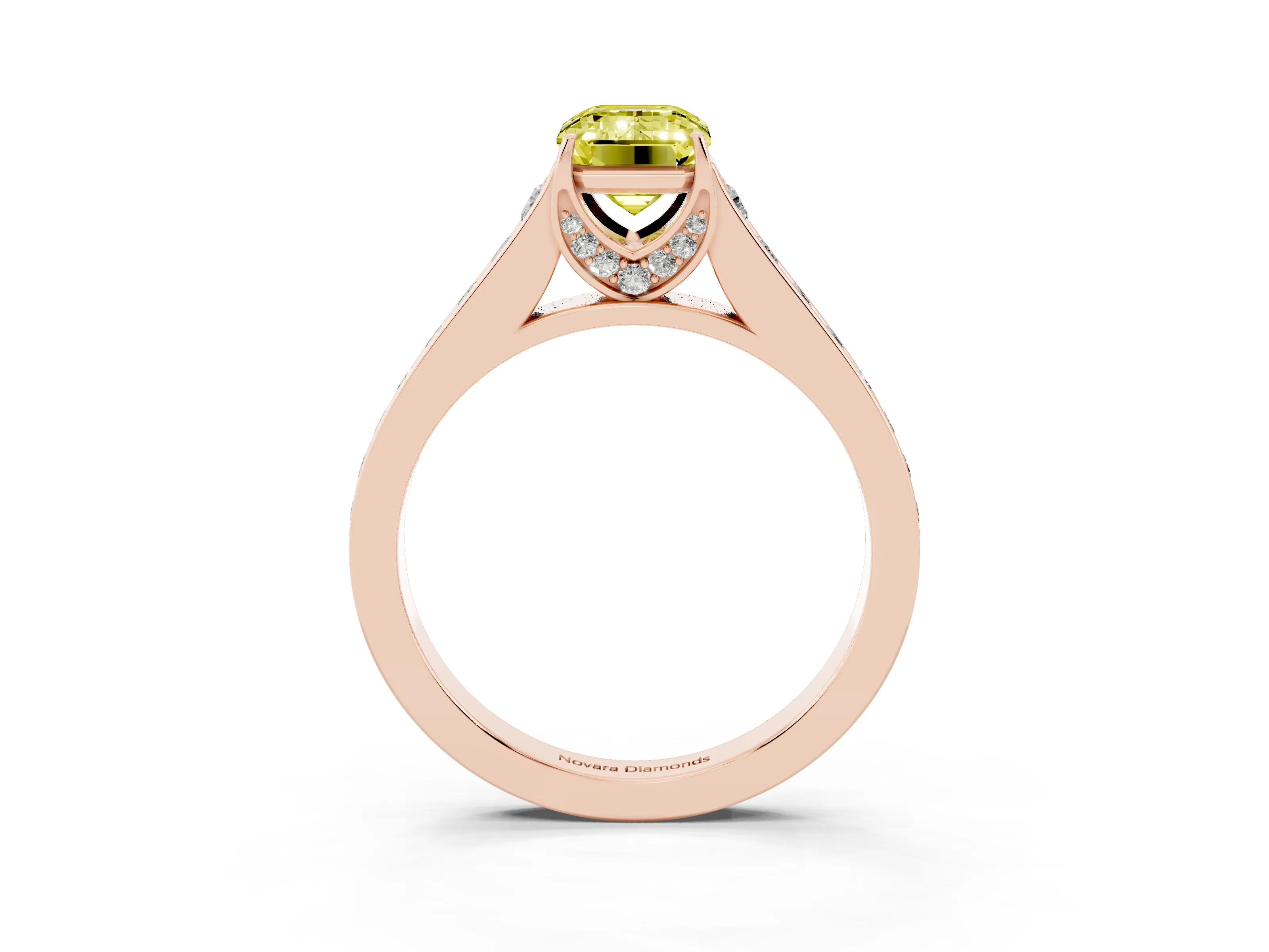 Fancy Yellow Emerald Cut Diamond Solitaire Pavé Engagement Ring Set in Rose gold with Prong Setting