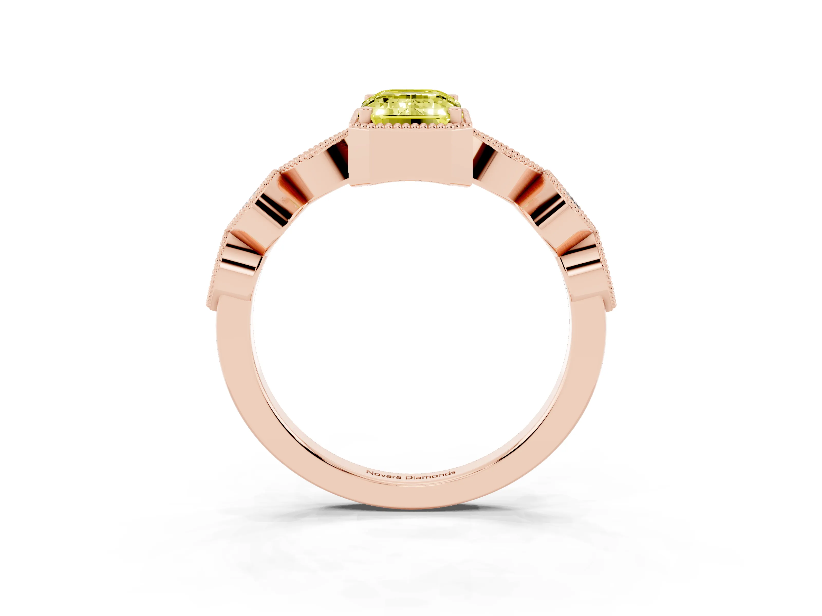 Fancy Yellow Emerald Cut Diamond Vintage-Inspired Milgrain Ring Set in Rose gold with Marquise Stations of Round Accents