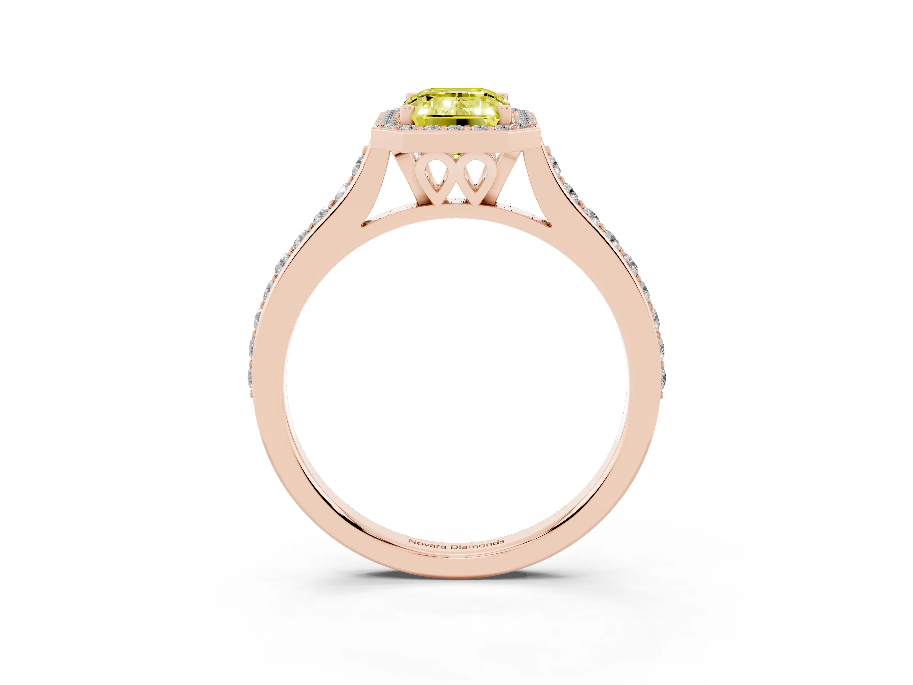 Fancy Yellow Emerald Cut Diamond Halo Engagement Ring Set in Rose gold with Round Pavé Shoulders and Heart Gallery
