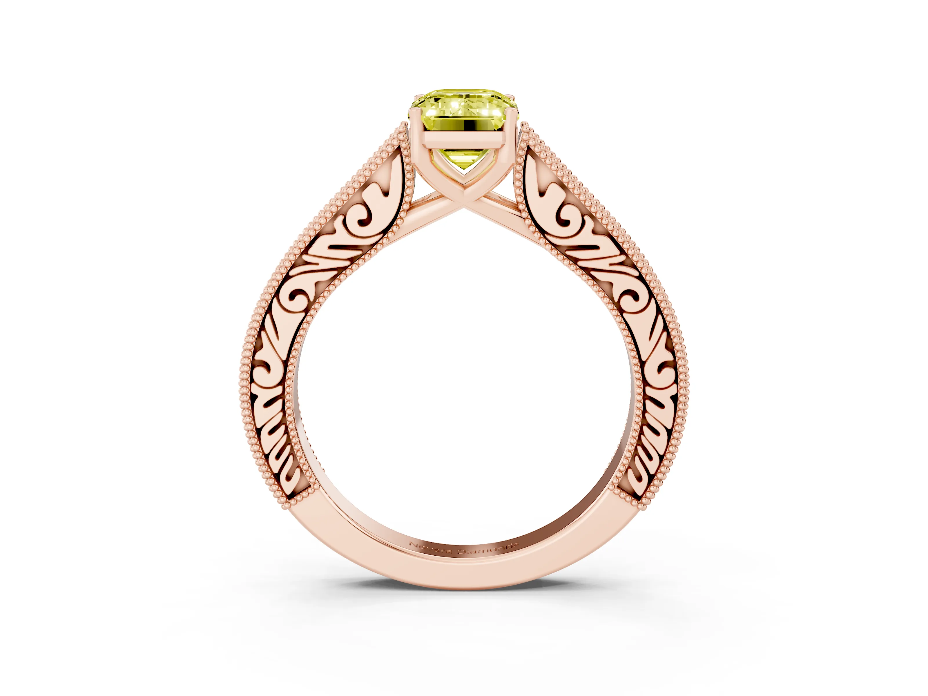 Fancy Yellow Emerald Cut Diamond Milgrain Pavé Band Solitaire Ring Set in Rose gold with Prong Setting