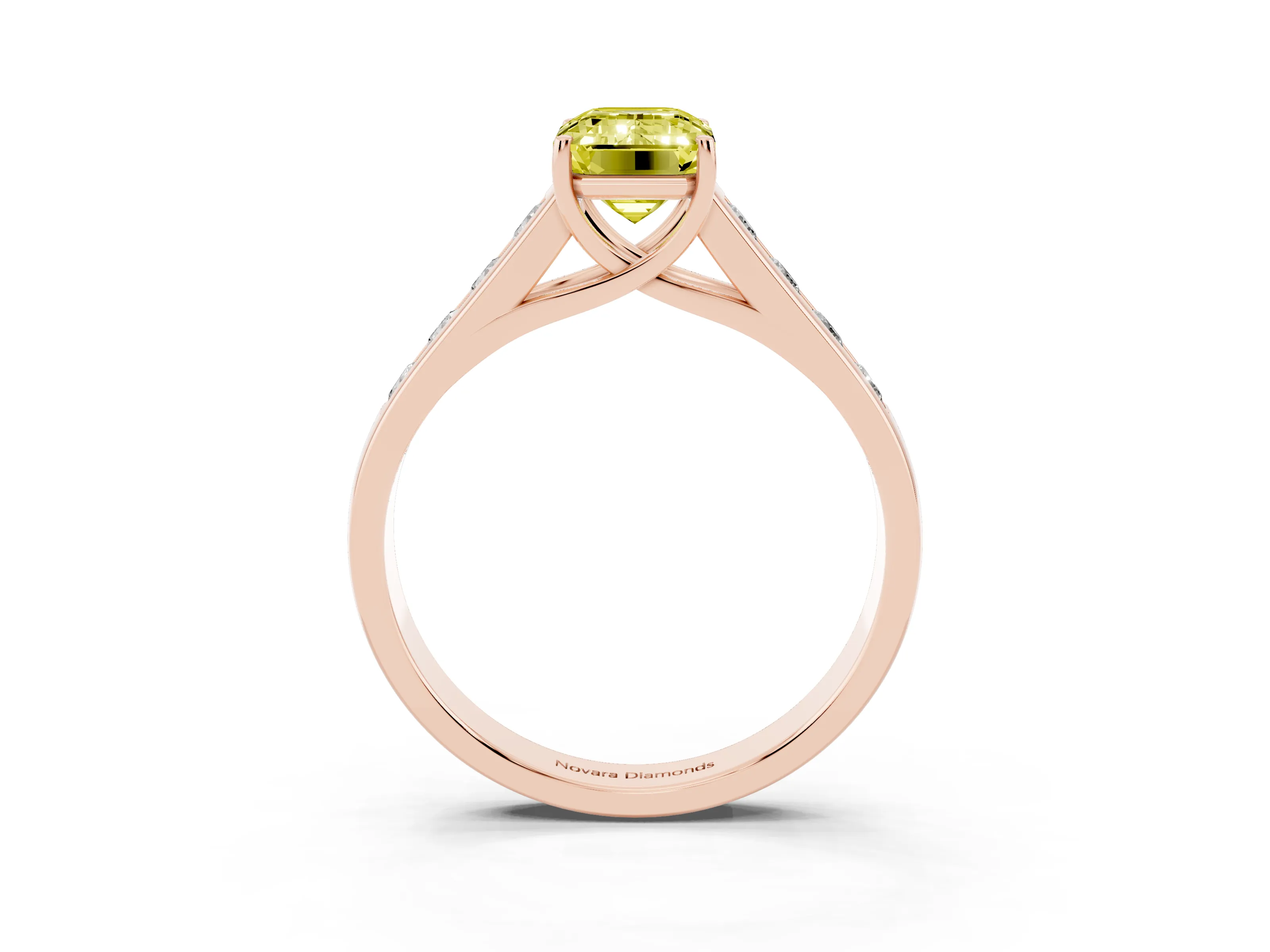 Fancy Yellow Emerald Cut Diamond Brilliant Channel-Set Solitaire Ring Set in Rose gold with Prong Setting