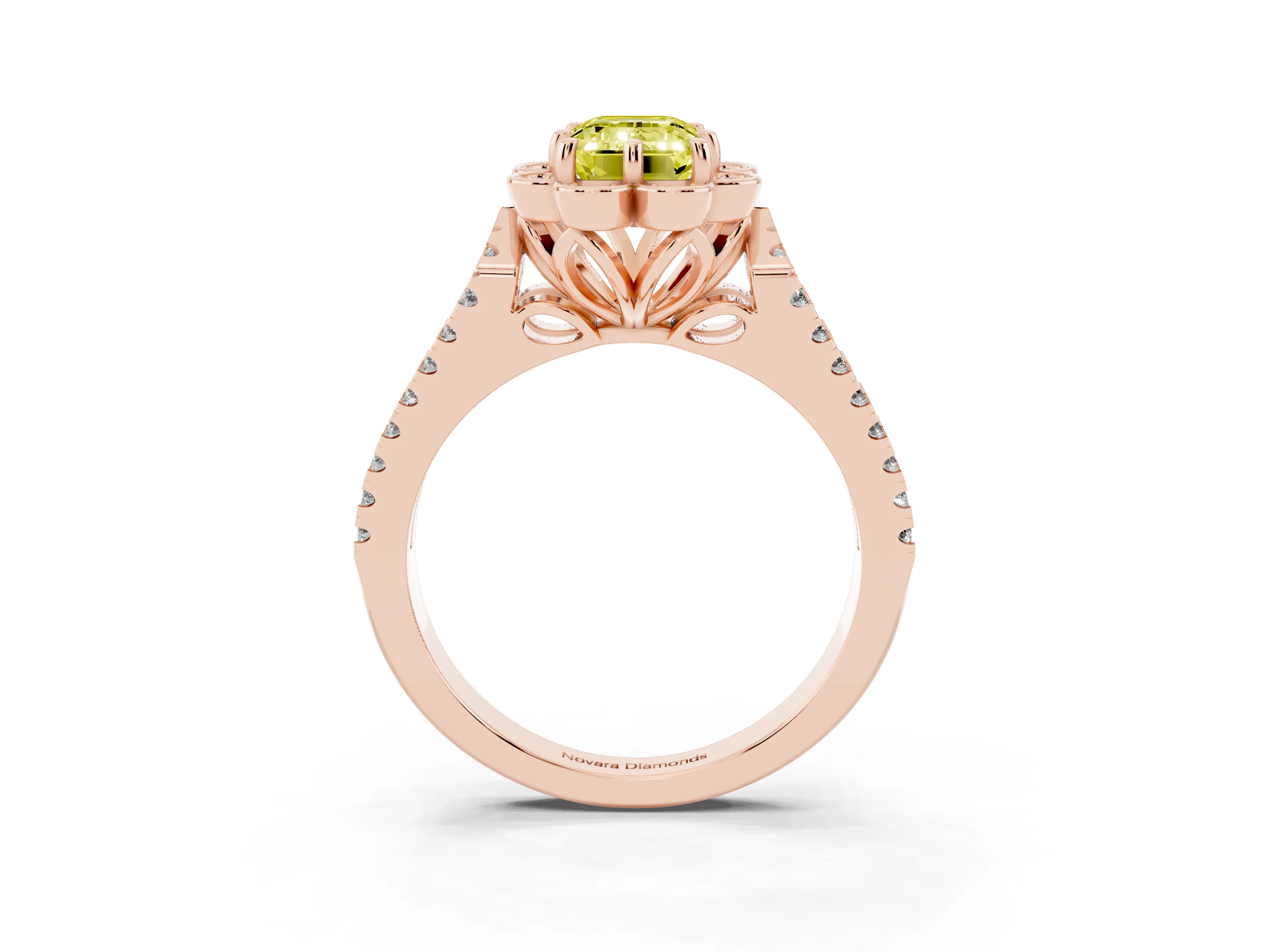 Fancy Yellow Emerald Cut Diamond Floral Halo Split Shank Engagement Ring Set in Rose gold with Pavé Shank