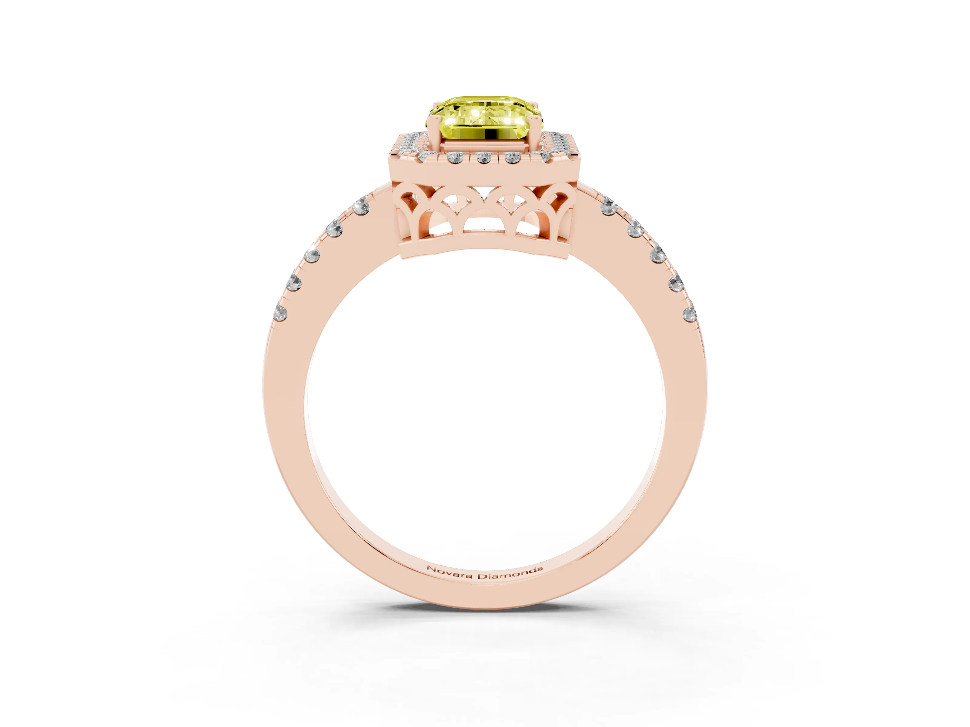 Fancy Yellow Emerald Cut Diamond Pavé Band Halo Engagement Ring Set in Rose gold with Prong Setting