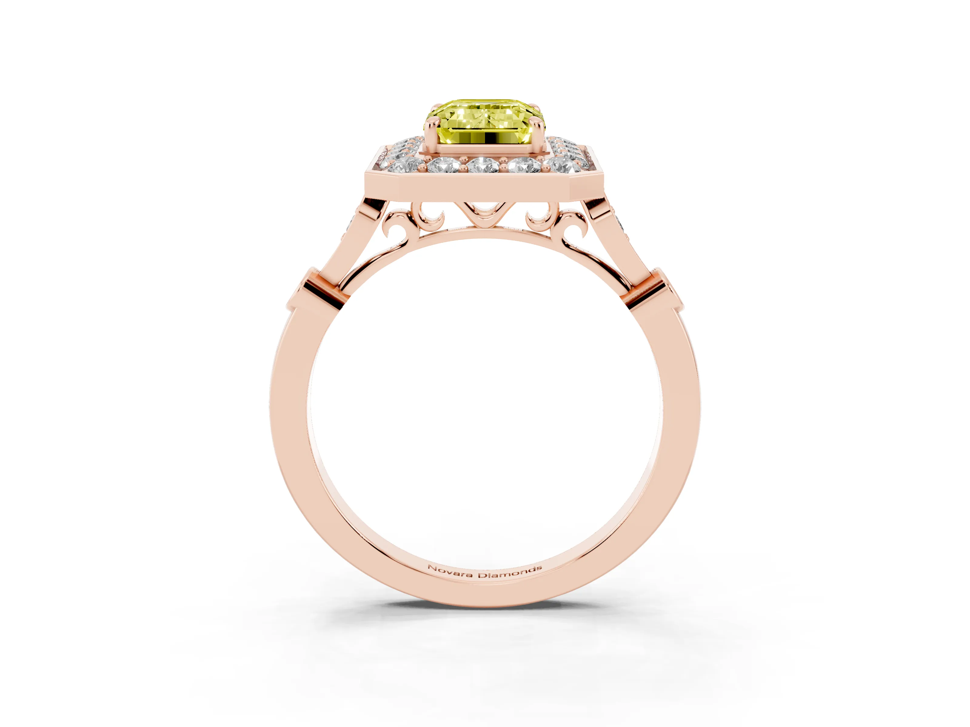 Fancy Yellow Emerald Cut Diamond Halo Engagement Ring Set in Rose gold with Twisted Band and Prong Setting