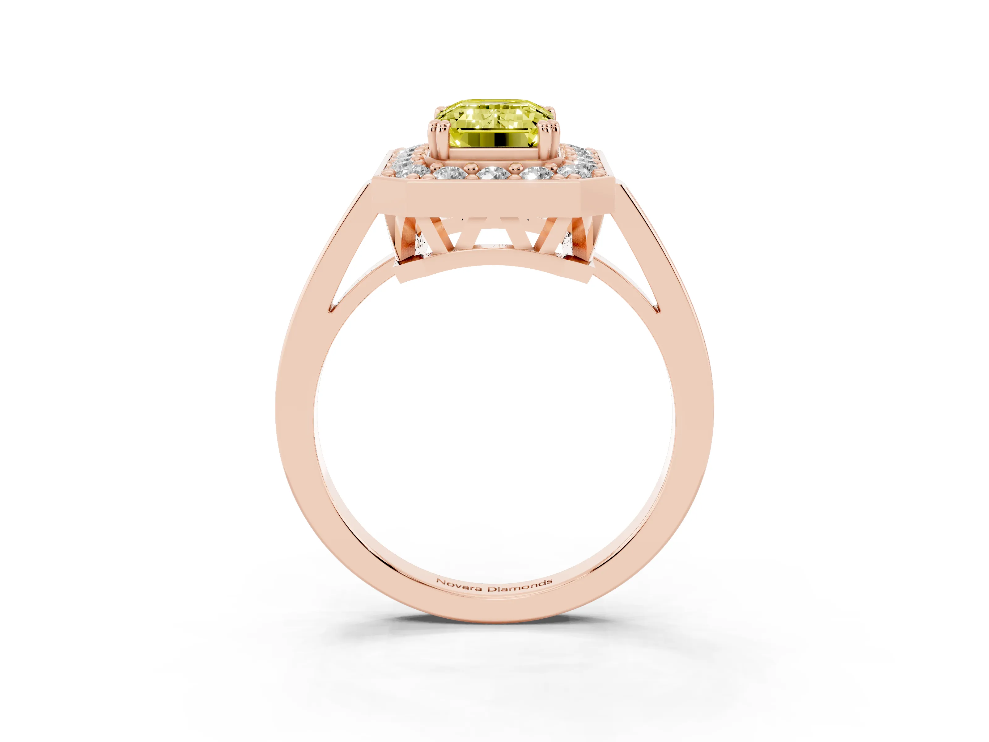 Fancy Yellow Emerald Cut Diamond Halo Ring Set in Rose gold with Accent-Lined Split Shank and Prong Setting