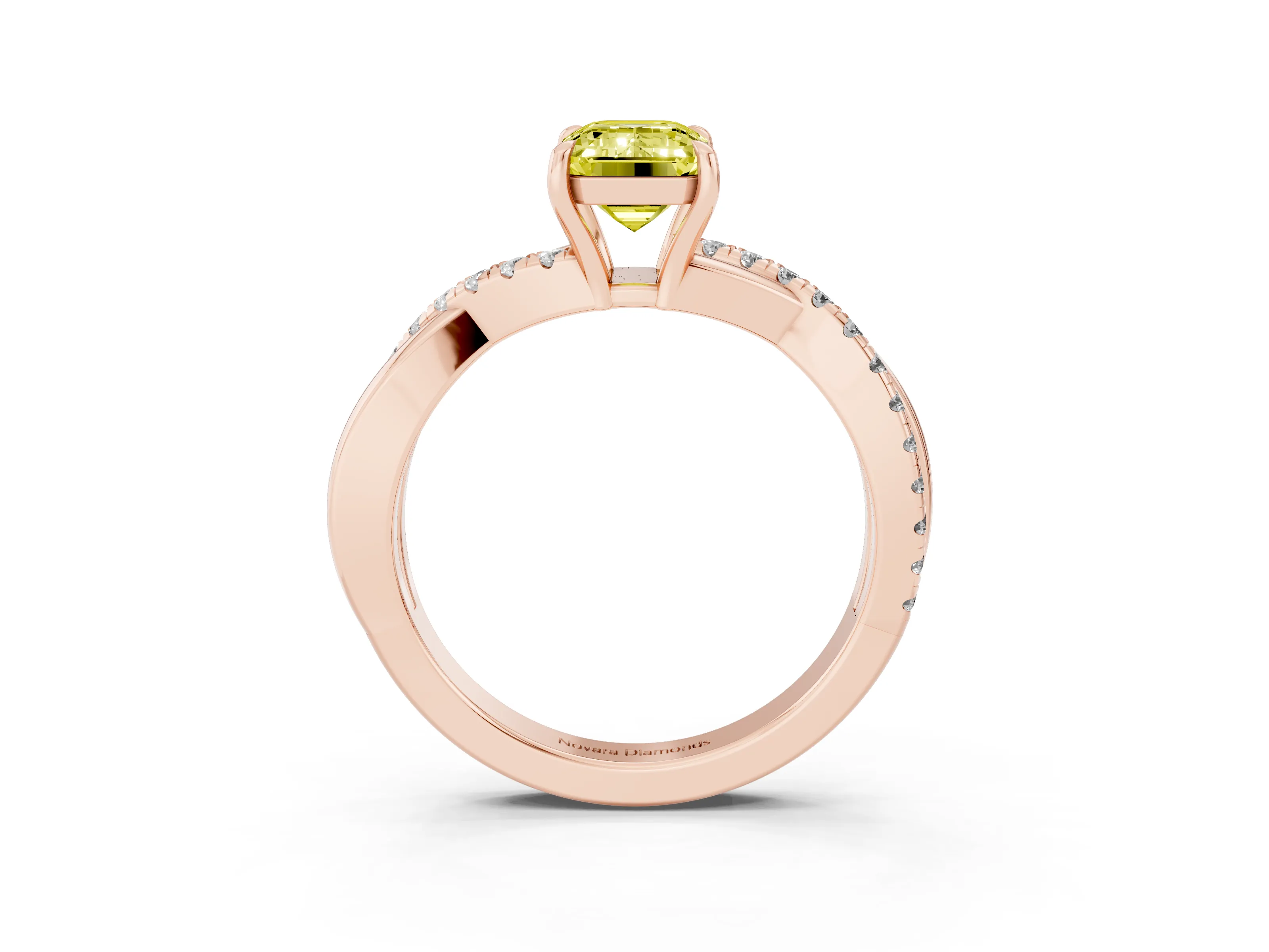 Fancy Yellow Emerald Cut Diamond Twisted Pavé Band Ring Set in Rose gold with Prong Setting
