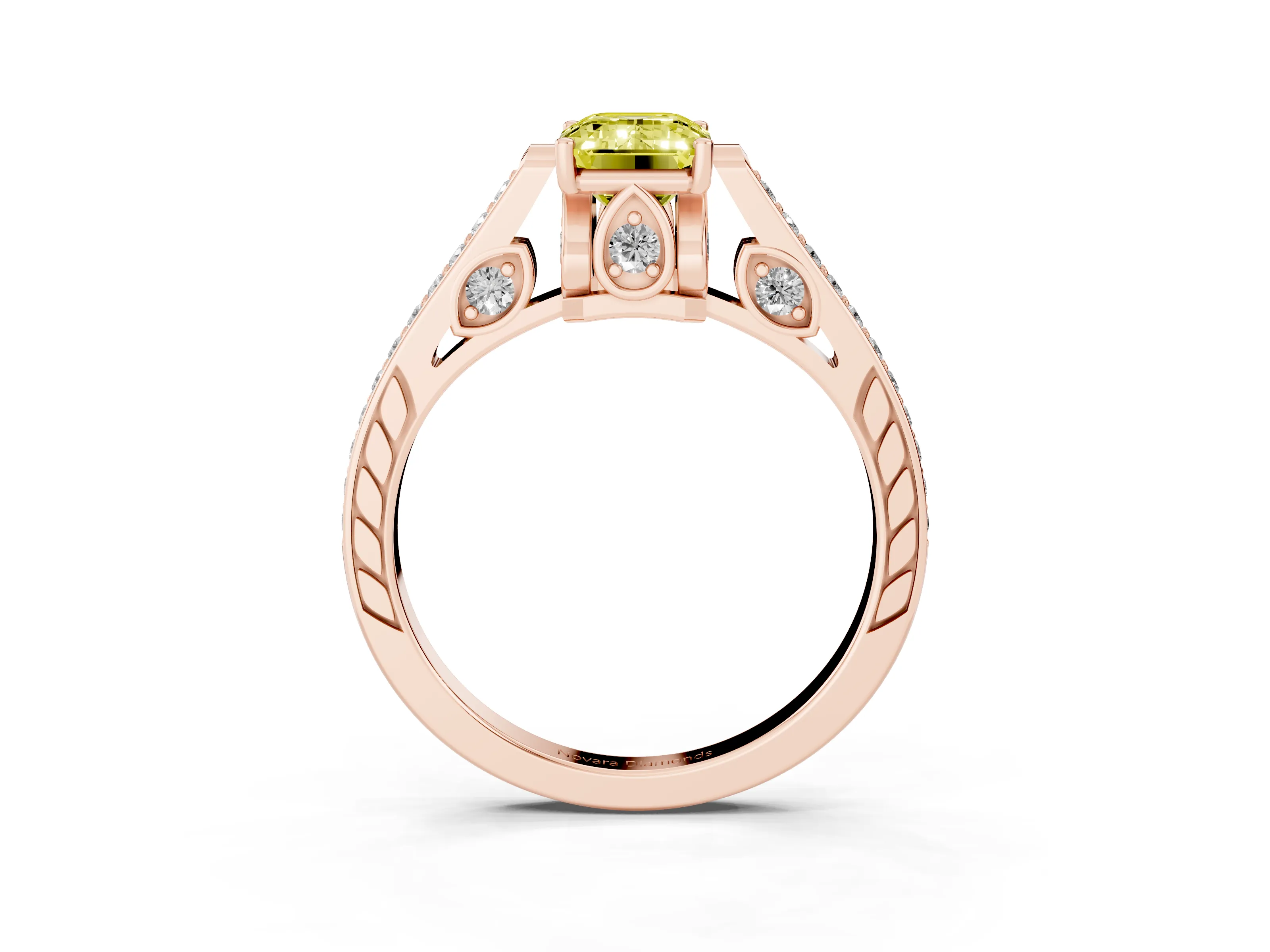 Fancy Yellow Emerald Cut Diamond Cathedral Pavé Engagement Ring Set in Rose gold with Prong Setting