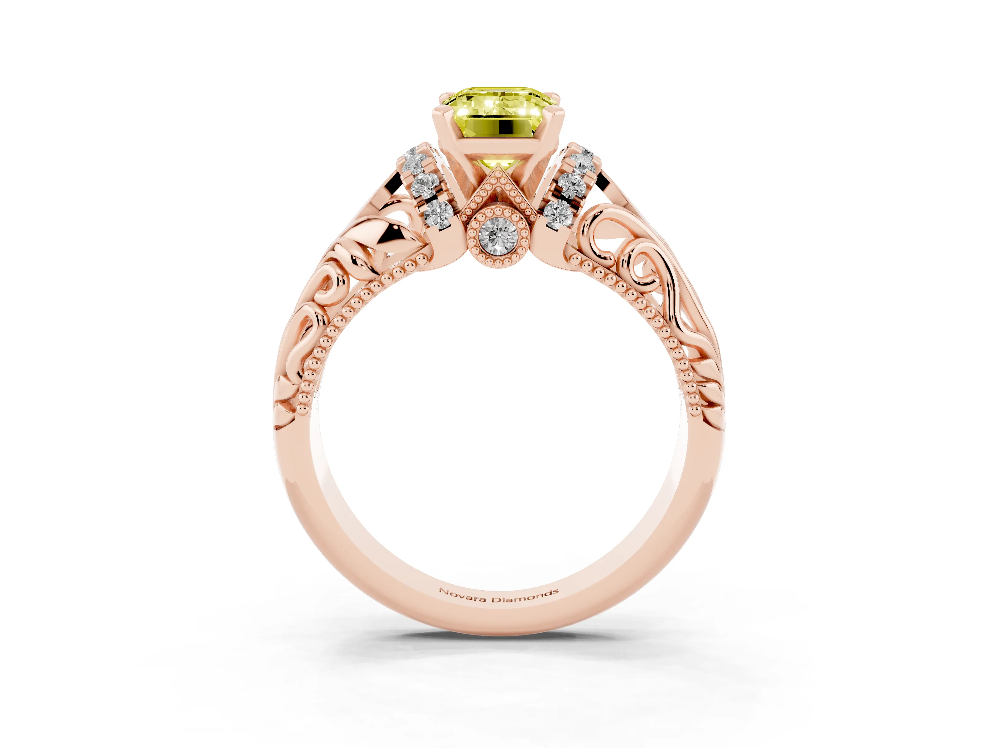 Fancy Yellow Emerald Cut Diamond Filigree Halo Engagement Ring Set in Rose gold with Prong Setting