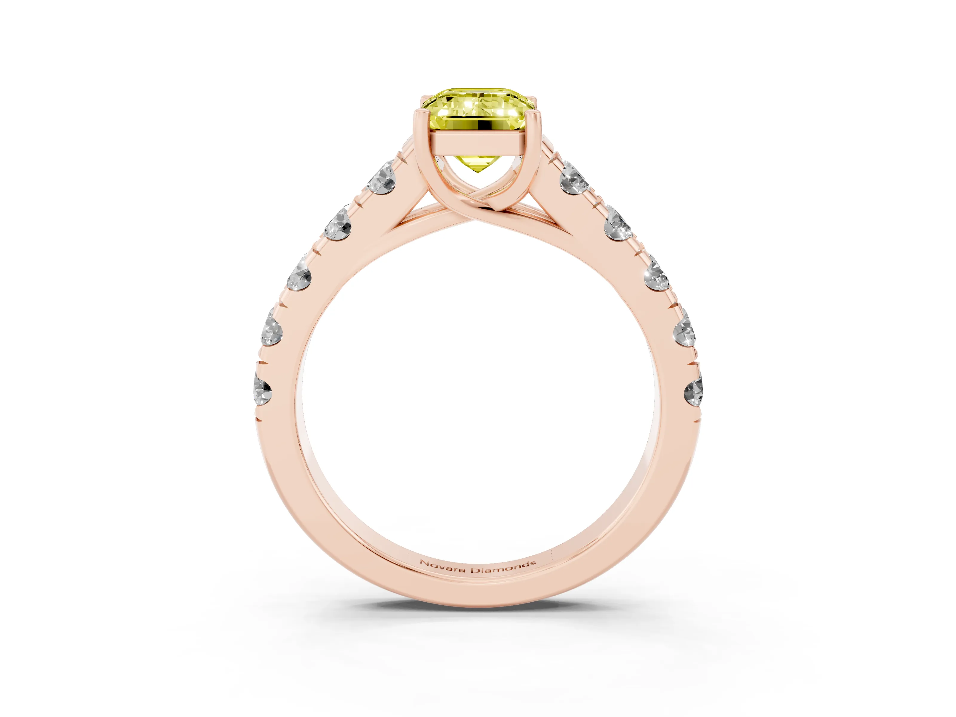Fancy Yellow Emerald Cut Diamond Solitaire Ring Set in Rose gold with Cut-Down Micro Pavé Band and Prong Setting