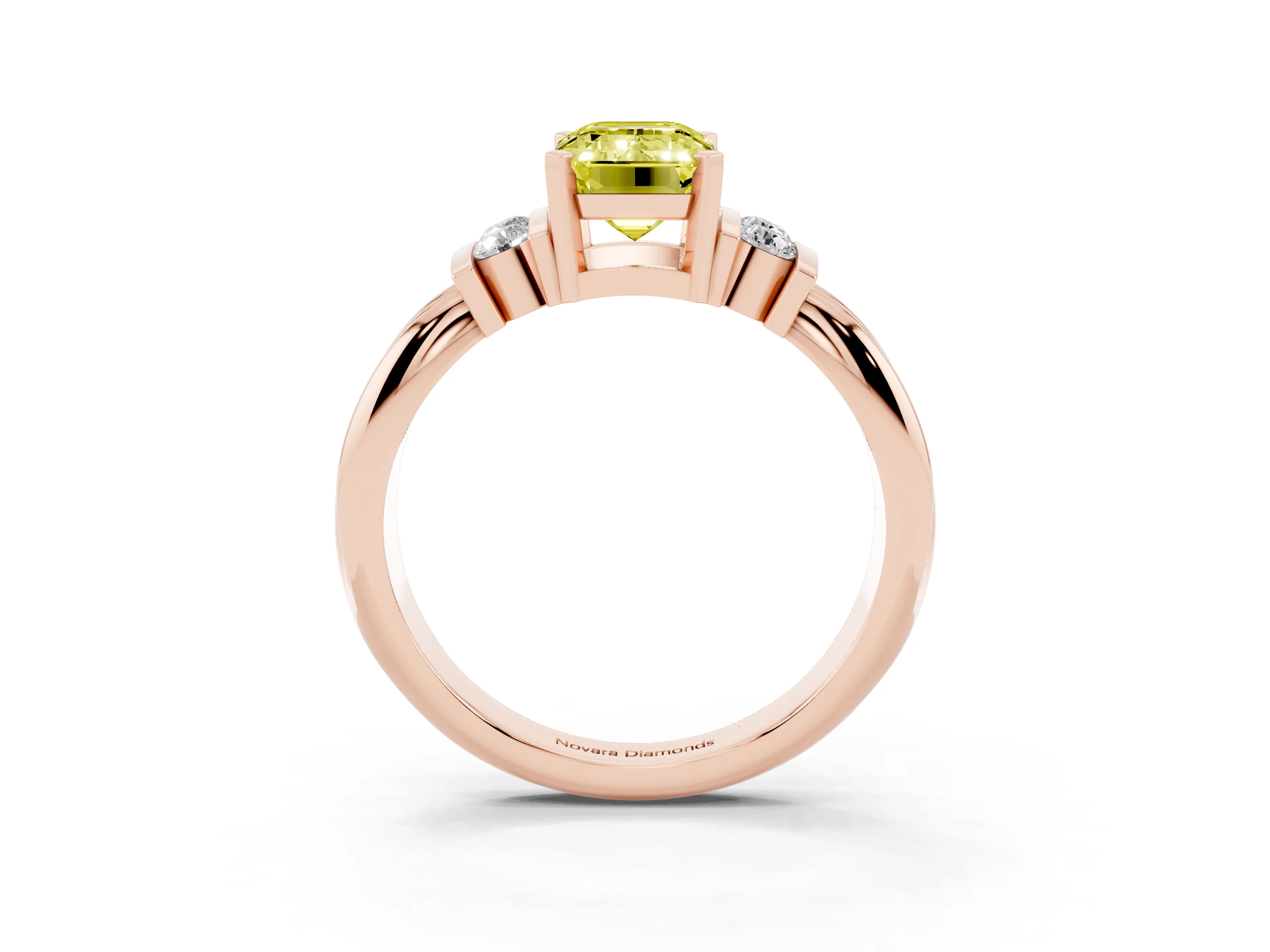 Fancy Yellow Three-Stone Emerald Cut Diamond Channel Set Ring Set in Rose gold with Bar Prongs