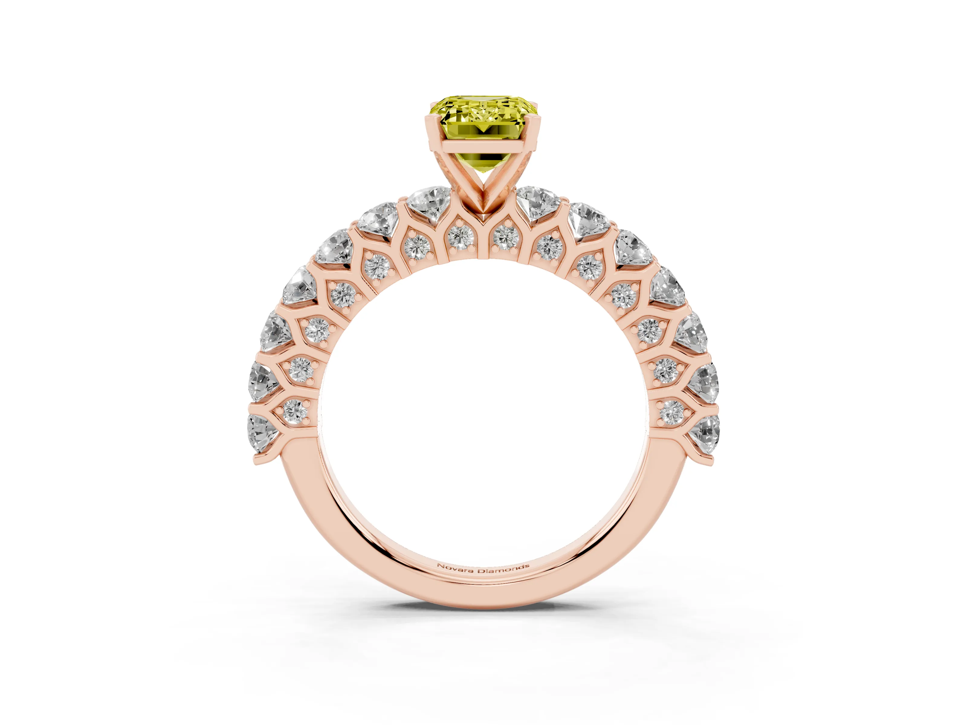 Fancy Yellow Emerald Cut Diamond Solitaire Ring Set in Rose gold with Shared Prong Pavé Band