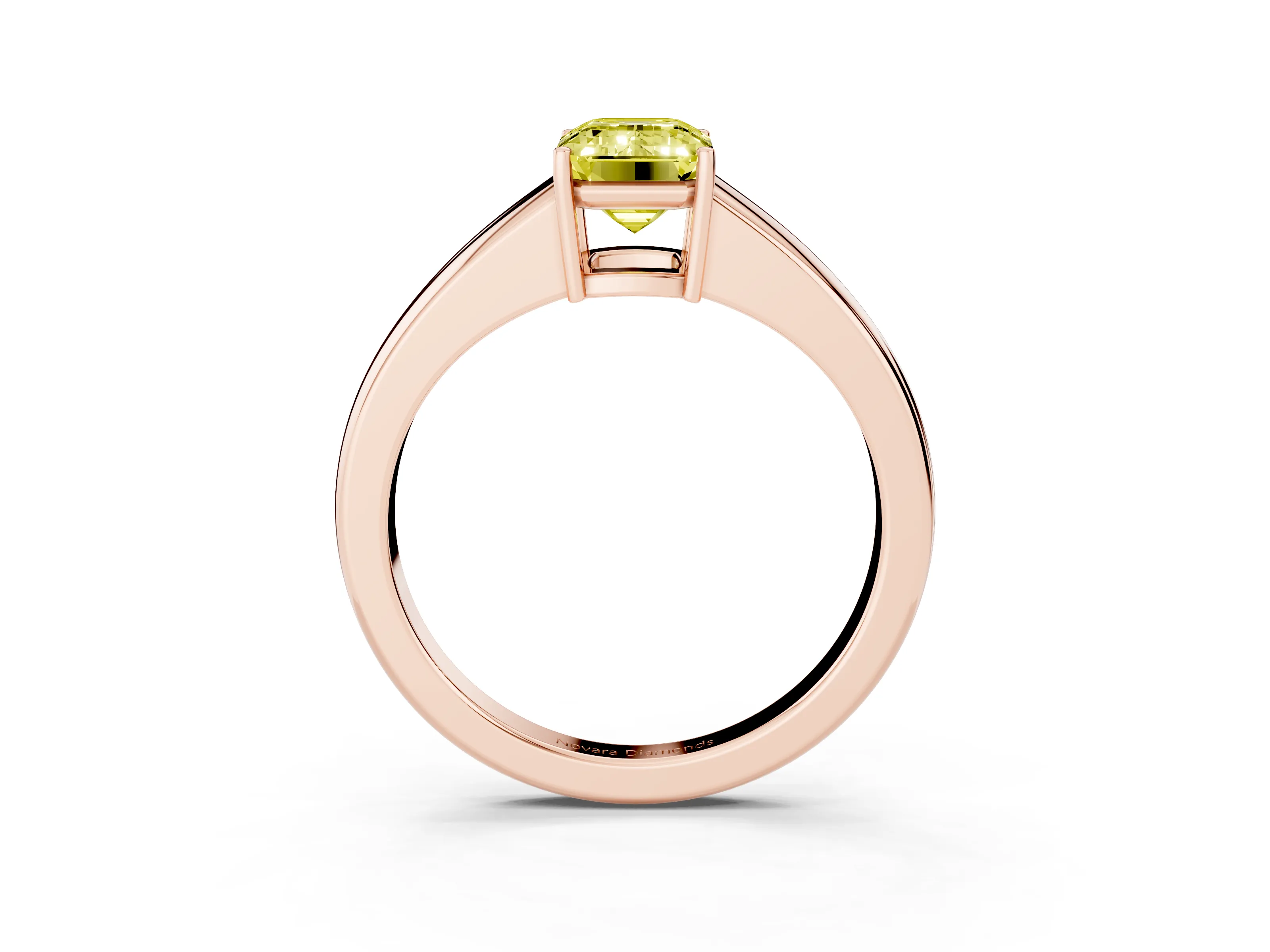 Fancy Yellow Emerald Cut Diamond Solitaire Ring Set in Rose gold with Tapered Band and Prong Setting