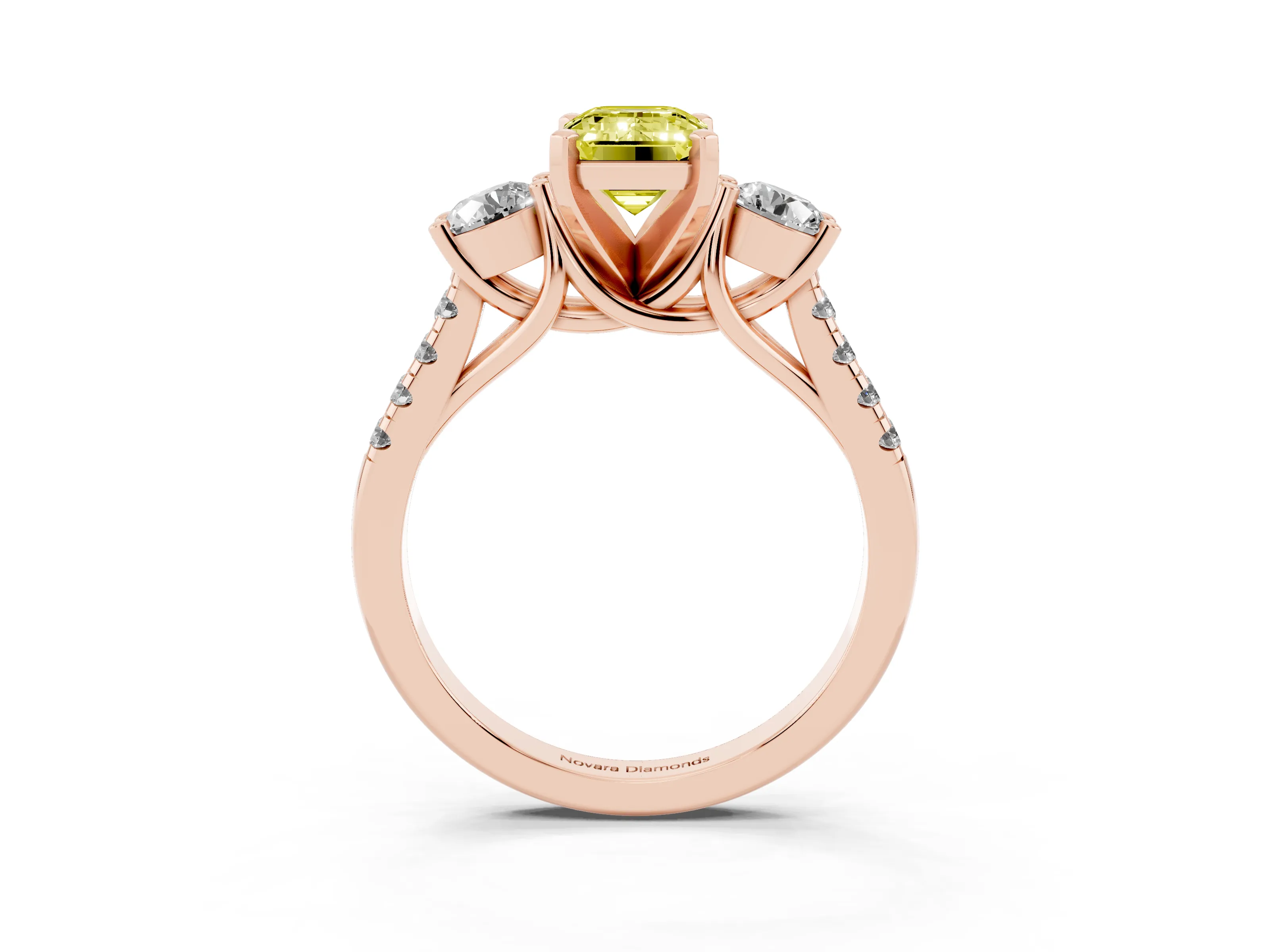 Fancy Yellow Three-Stone Emerald Cut Diamond Pavé Band Ring Set in Rose gold with Prong-Set Trio