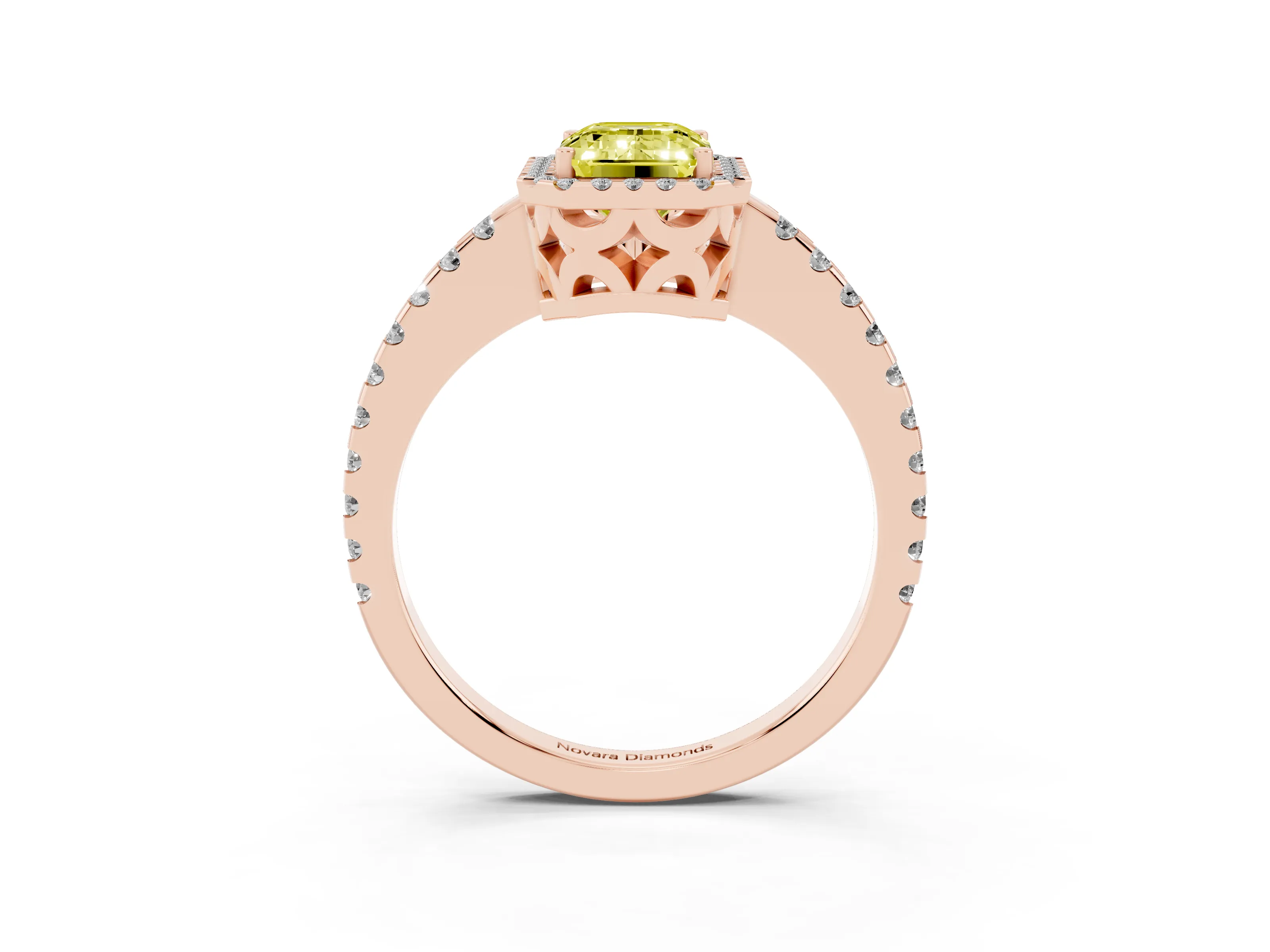 Fancy Yellow Emerald Cut Diamond Halo Ring Set in Rose gold with Pavé Shoulders and Halo-Framed Center