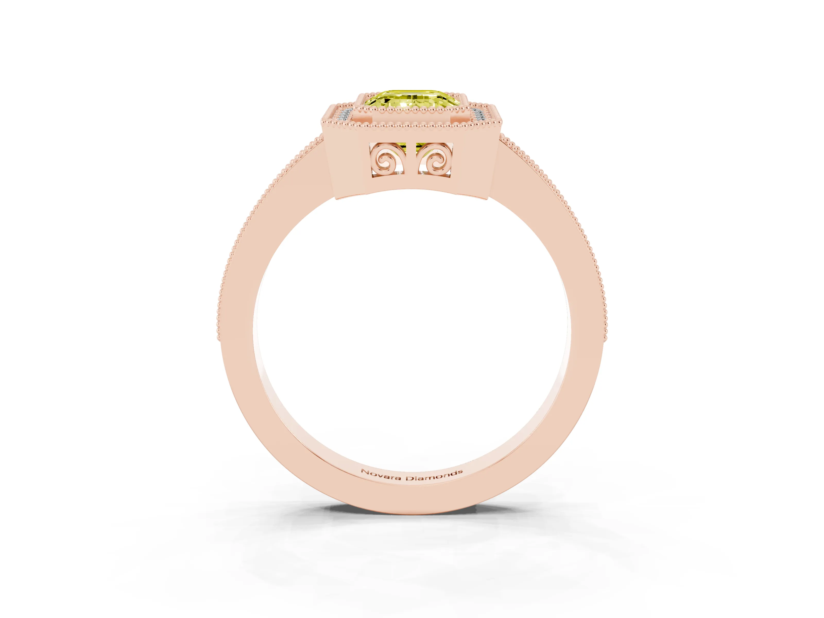 Fancy Yellow Emerald Cut Diamond Round Halo Ring Set in Rose gold with Pavé Band