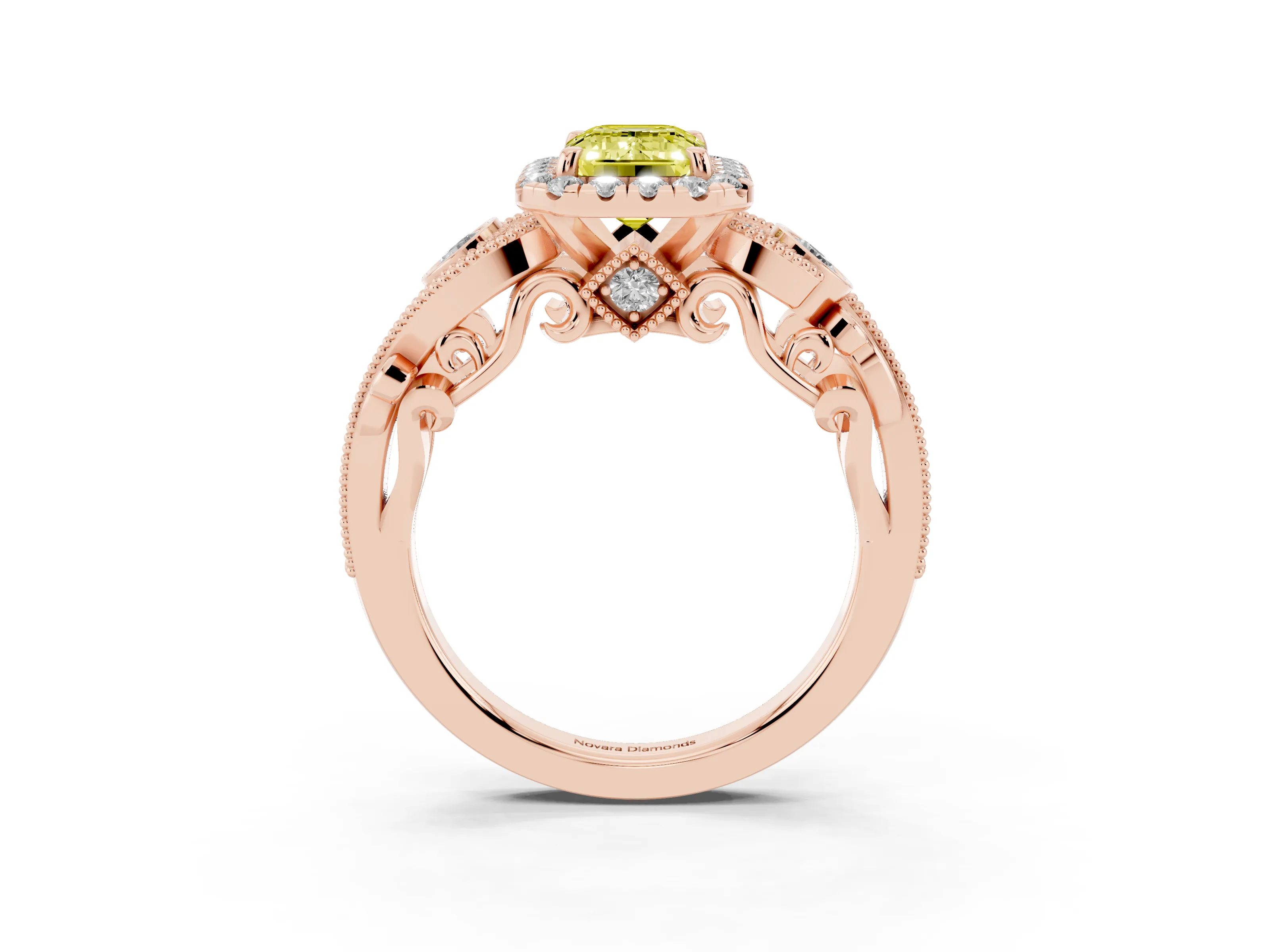 Fancy Yellow Emerald Cut Diamond Halo Ring Set in Rose gold with Milgrain Pavé Band and Prong Setting