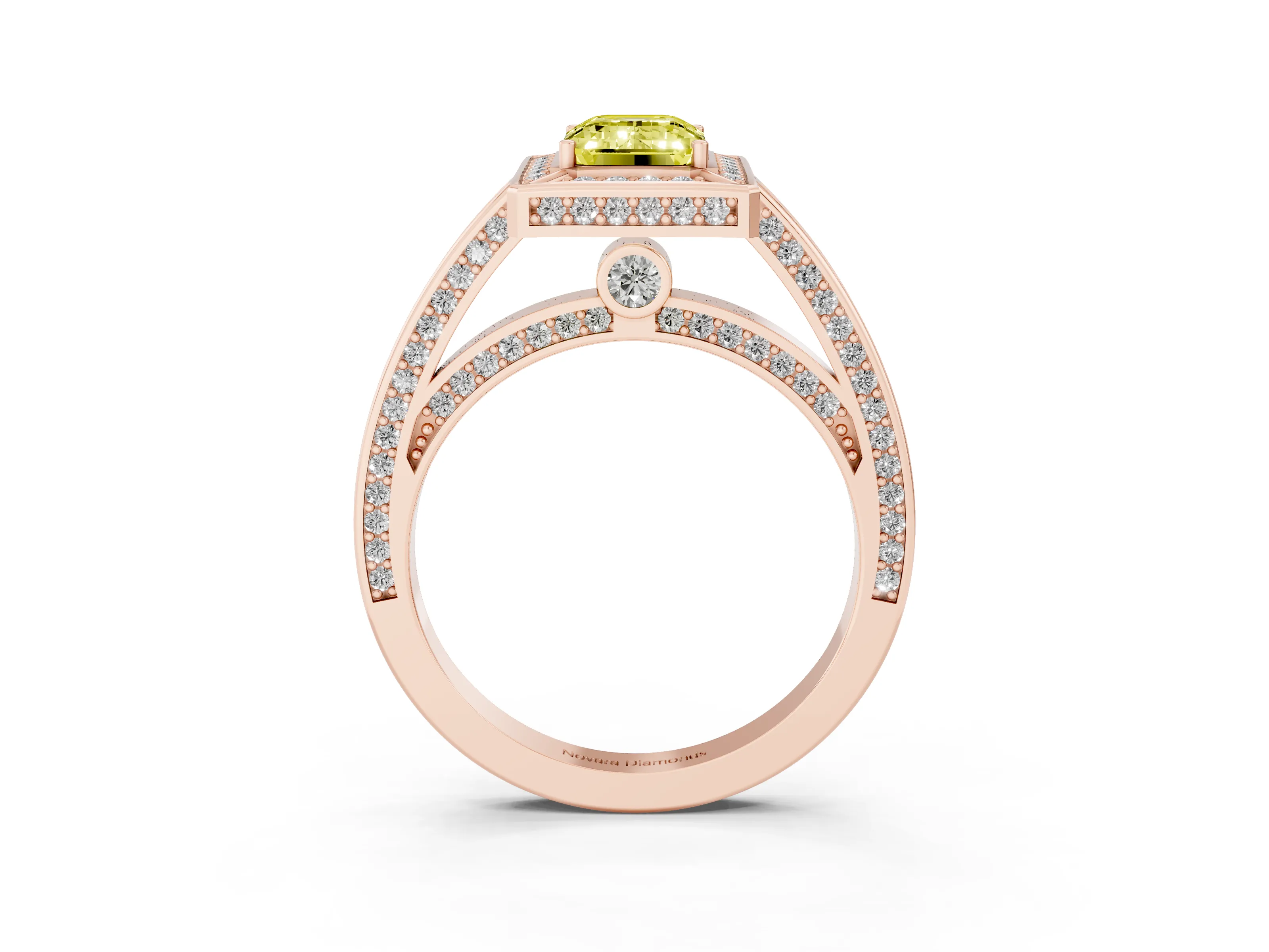 Fancy Yellow Emerald Cut Diamond Halo Pavé Split Shank Ring Set in Rose gold with Prong Setting