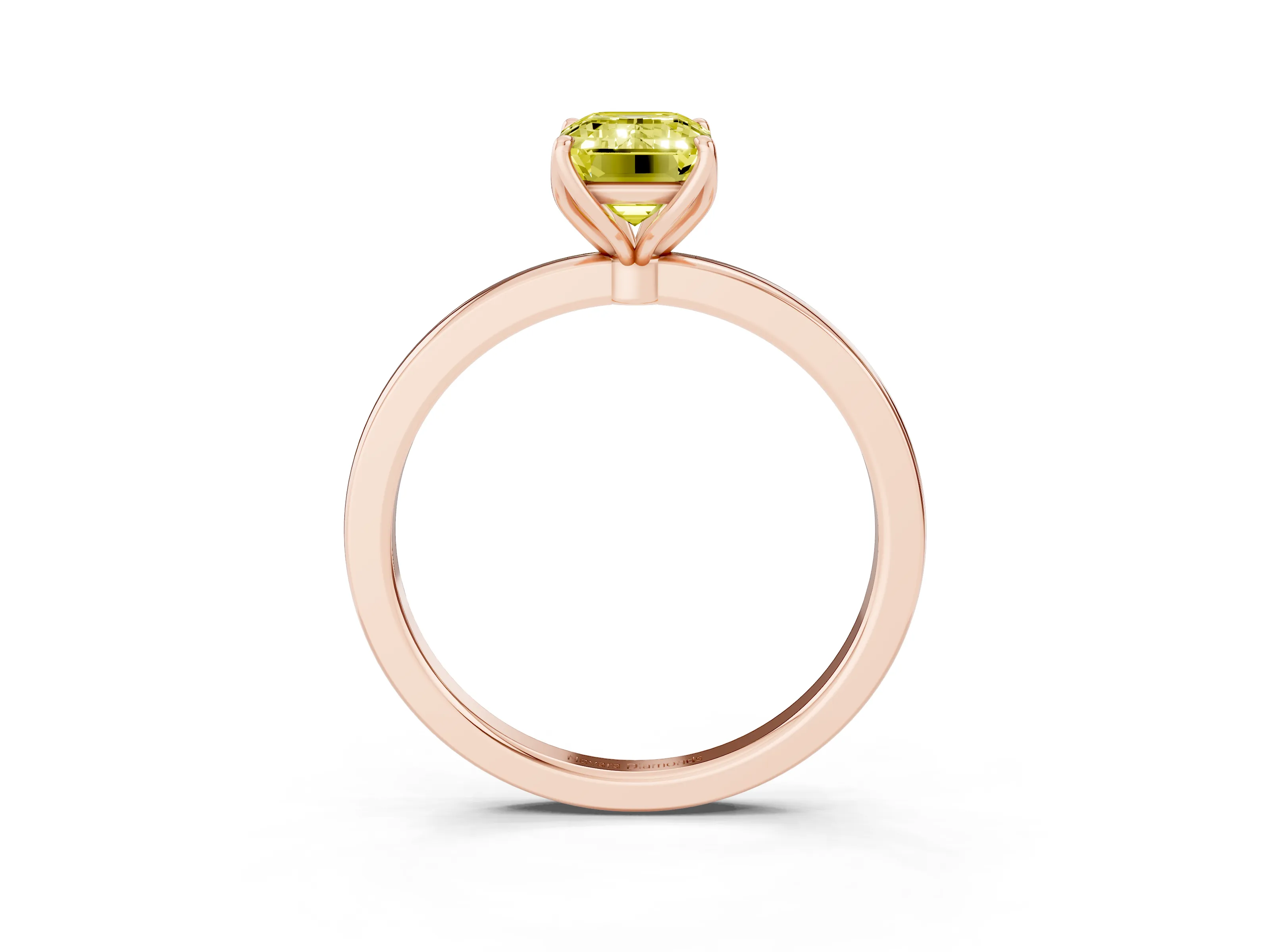 Fancy Yellow Emerald Cut Diamond Solitaire Ring Set in Rose gold with Prong Setting and Thin Polished Band