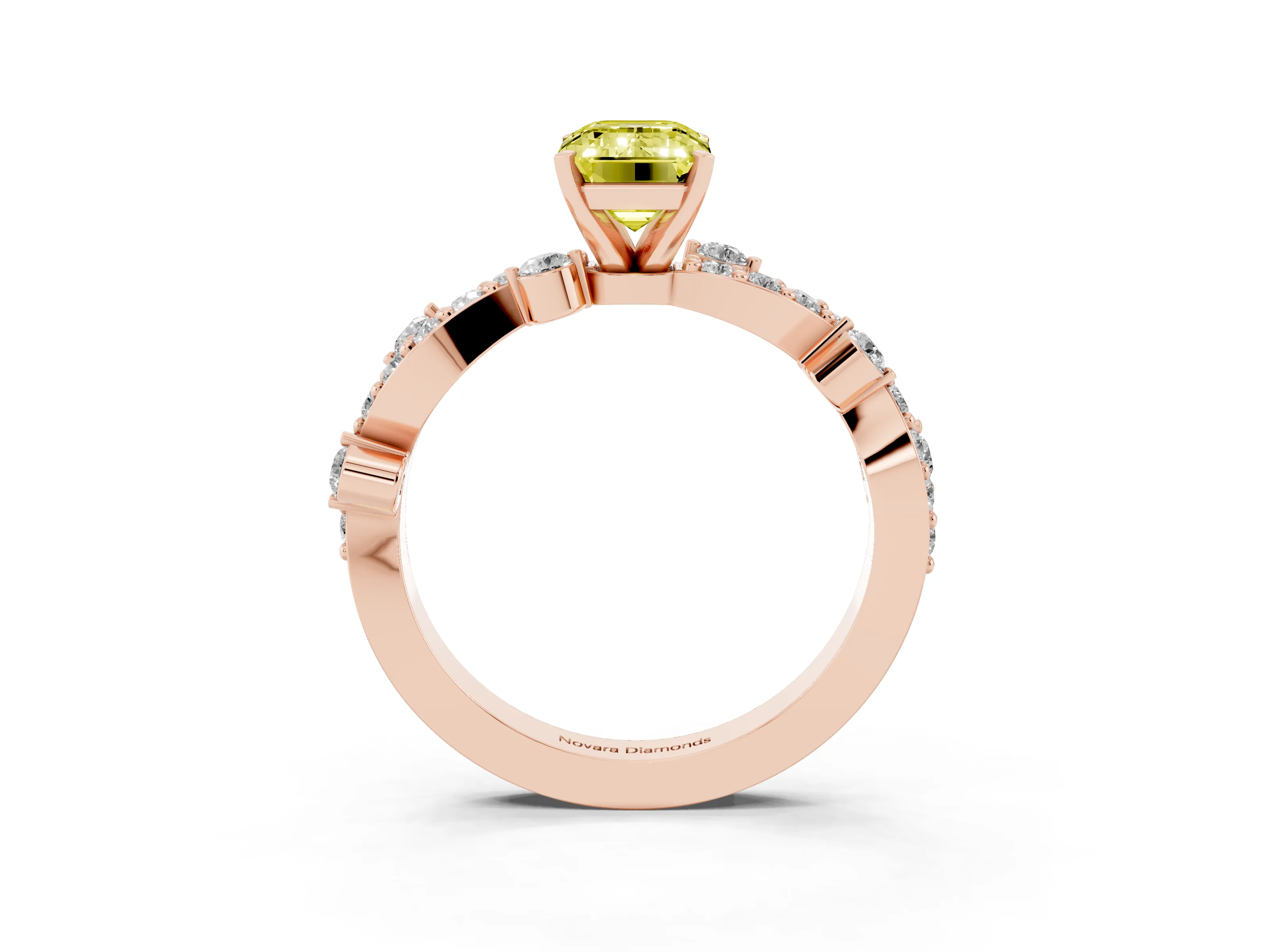 Fancy Yellow Emerald Cut Diamond Solitaire Twisted Band Set in Rose gold with Pavé Setting