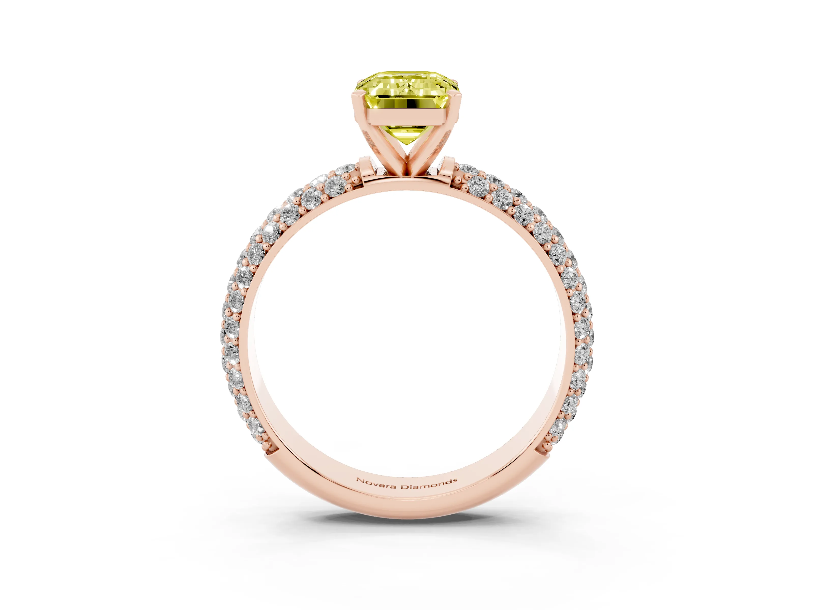 Fancy Yellow Emerald Cut Diamond Solitaire Ring Set in Rose gold with Prong Setting and Pavé-Set Band
