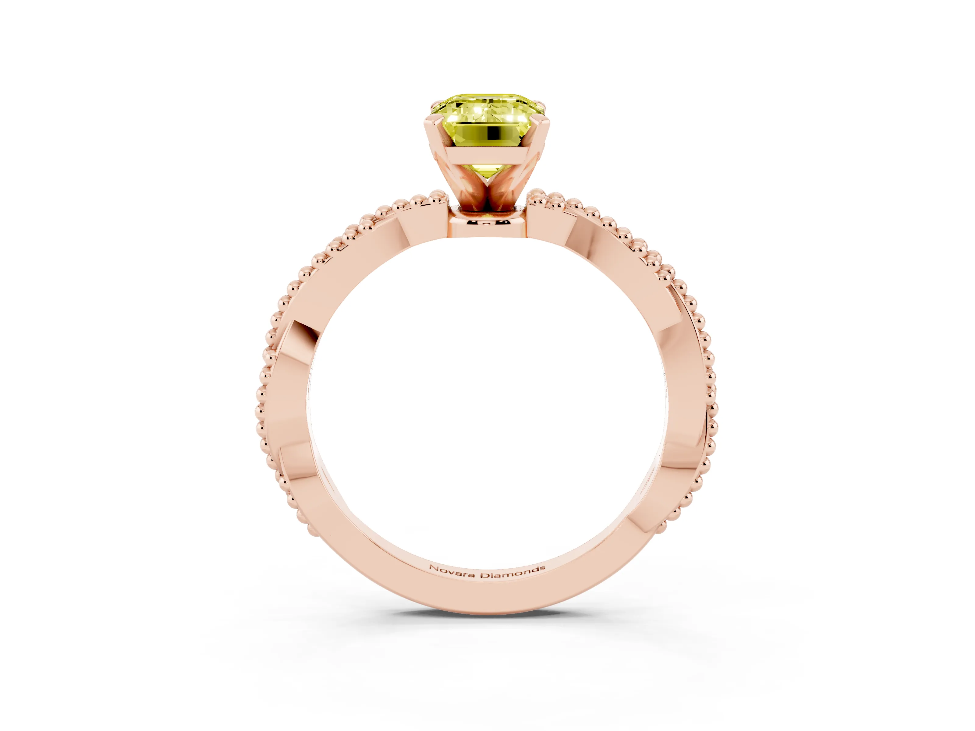 Fancy Yellow Emerald Cut Diamond Solitaire Ring Set in Rose gold with Twisted Band and Bead Prong Setting