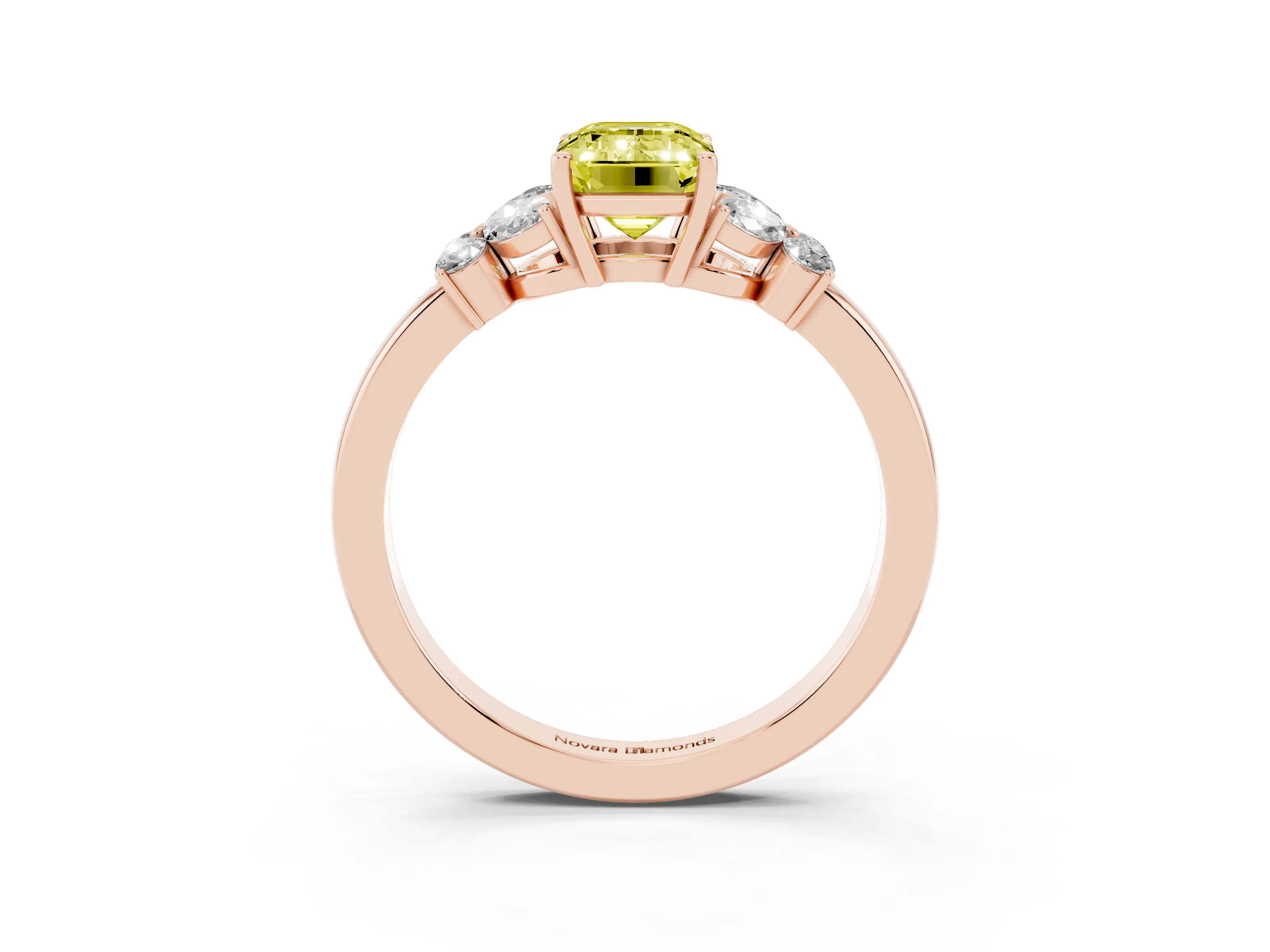 Fancy Yellow Emerald Cut Diamond Solitaire Floral Ring Set in Rose gold with Marquise Petals and Prong Setting