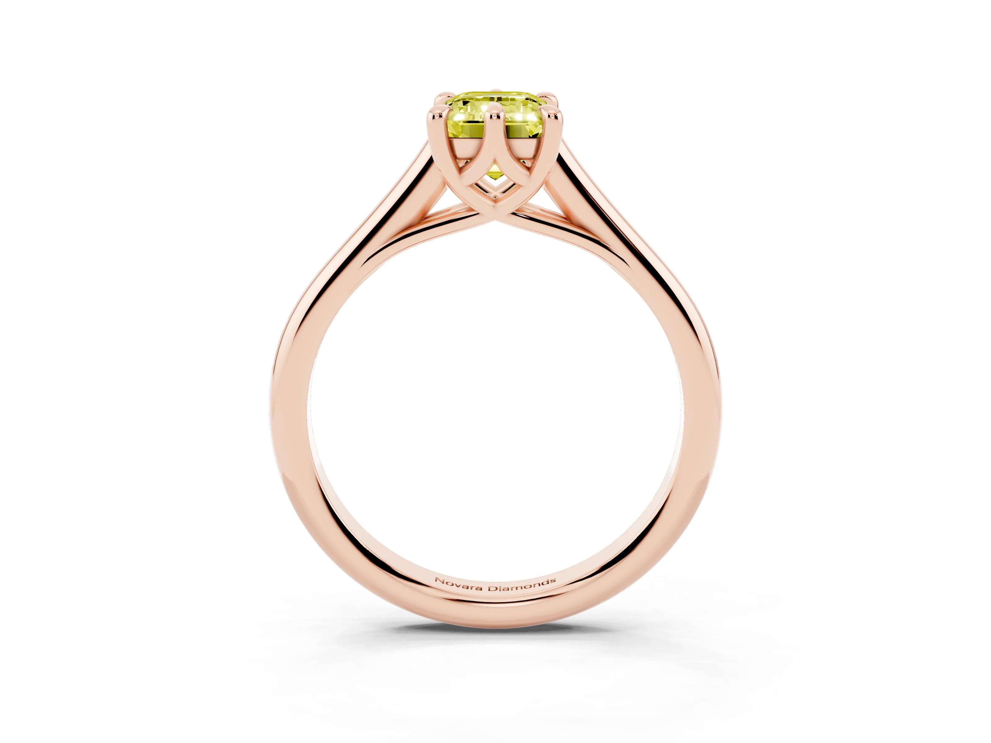 Fancy Yellow Emerald Cut Diamond Solitaire Engagement Ring Set in Rose gold with Prong Setting and Plain Classic Band