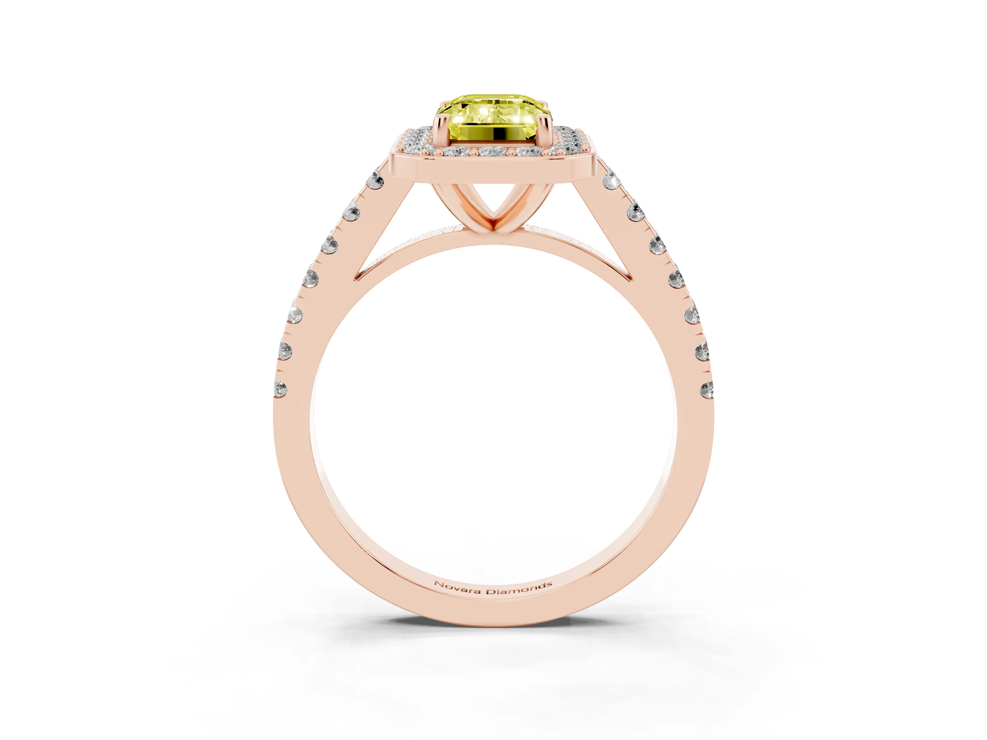 Fancy Yellow Emerald Cut Diamond Halo Ring Set in Rose gold with Round Pavé Split Shank and Prong Setting
