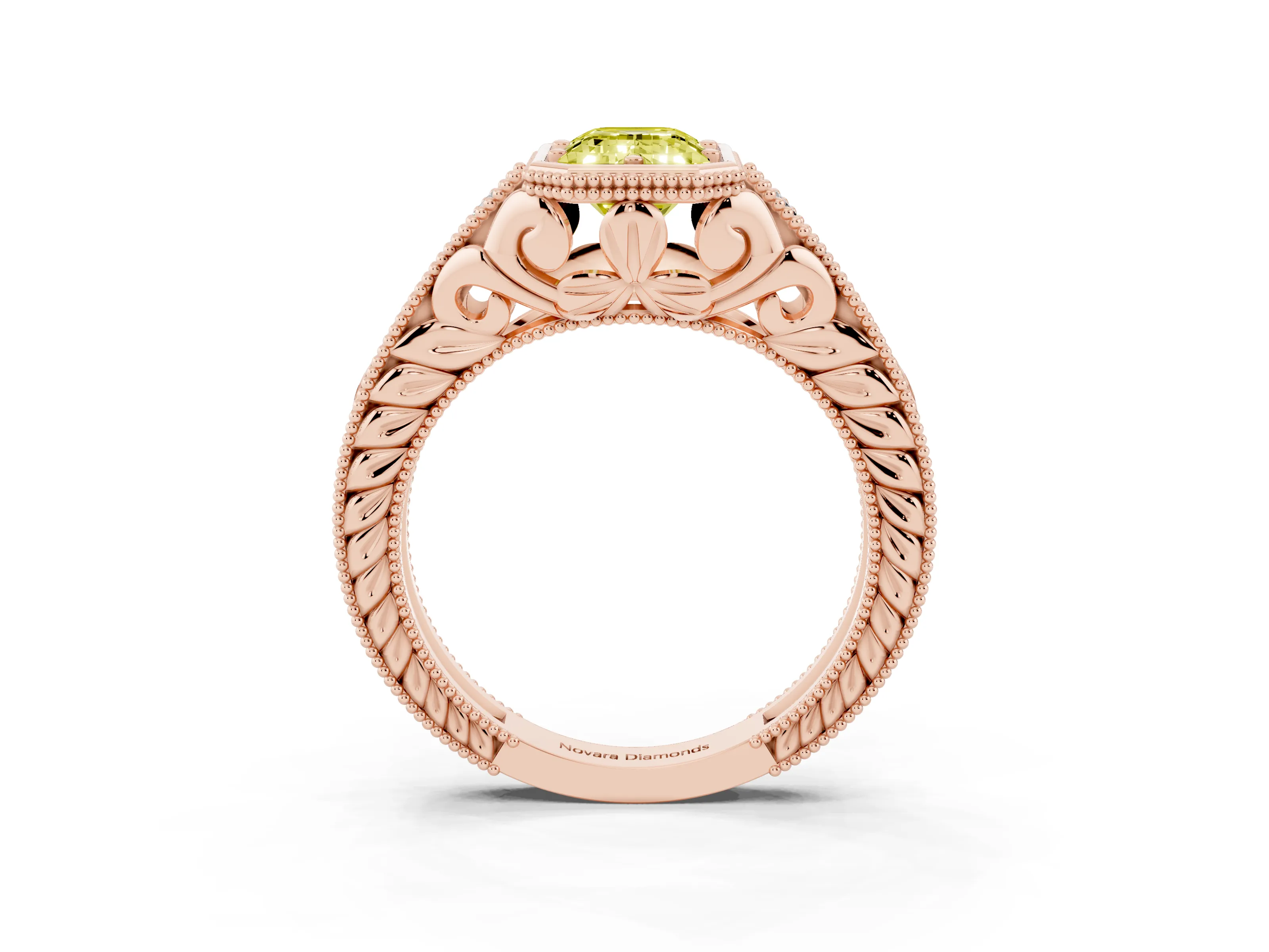 Fancy Yellow Bezel Set Emerald Cut Diamond Milgrain Pavé Engagement Ring Set in Rose gold