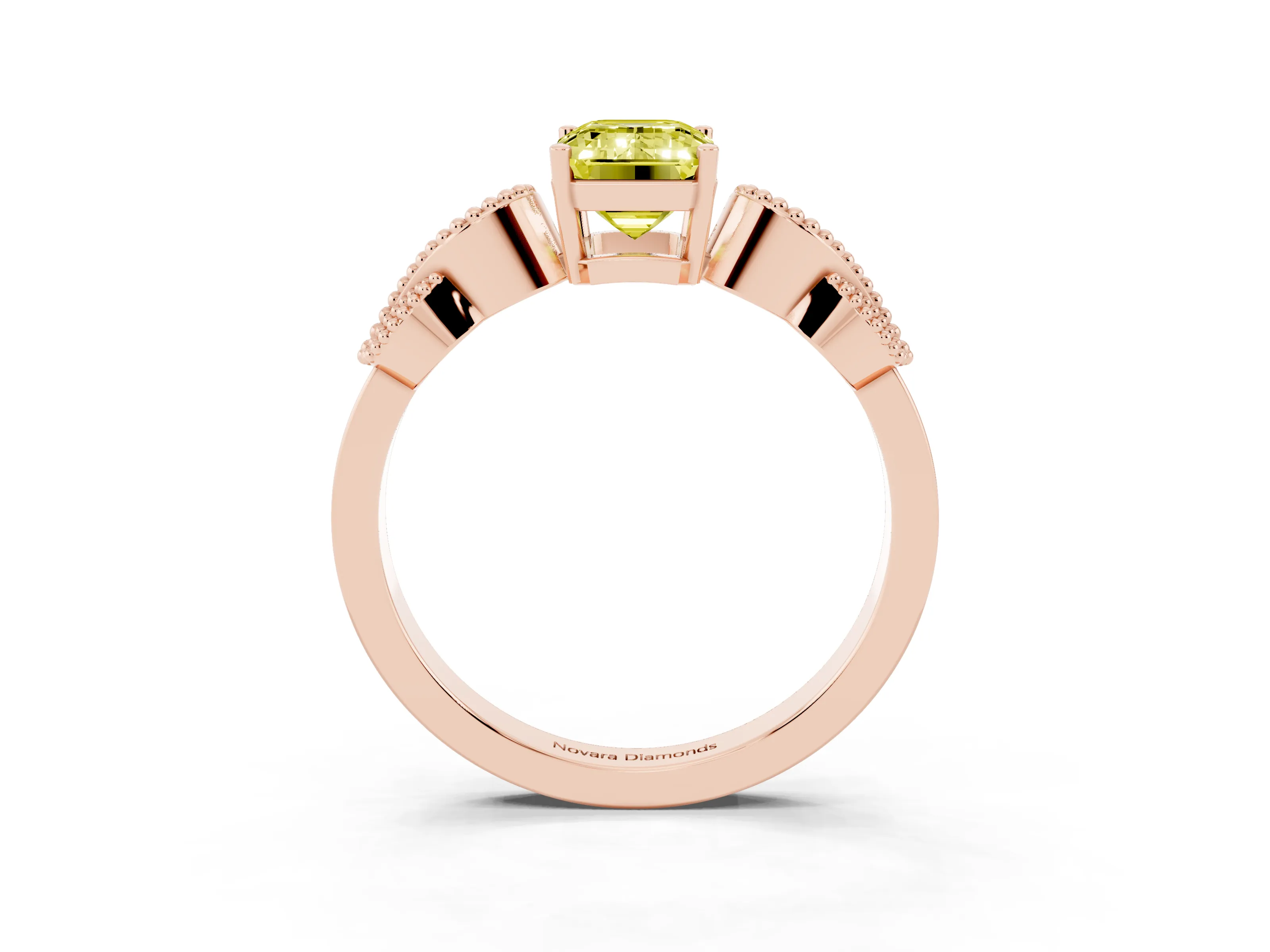 Fancy Yellow Emerald Cut Diamond Milgrain Leaf Band Solitaire Ring Set in Rose gold with Accent Stones and Prong Setting