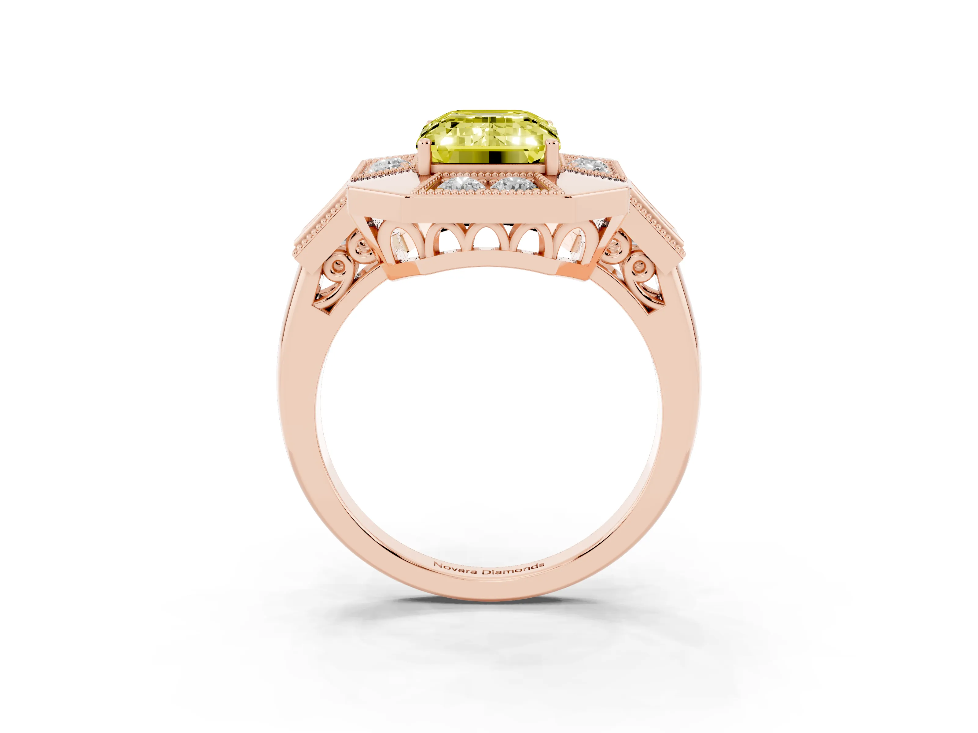 Fancy Yellow Emerald Cut Diamond Milgrain Halo Ring Set in Rose gold with Split Shank