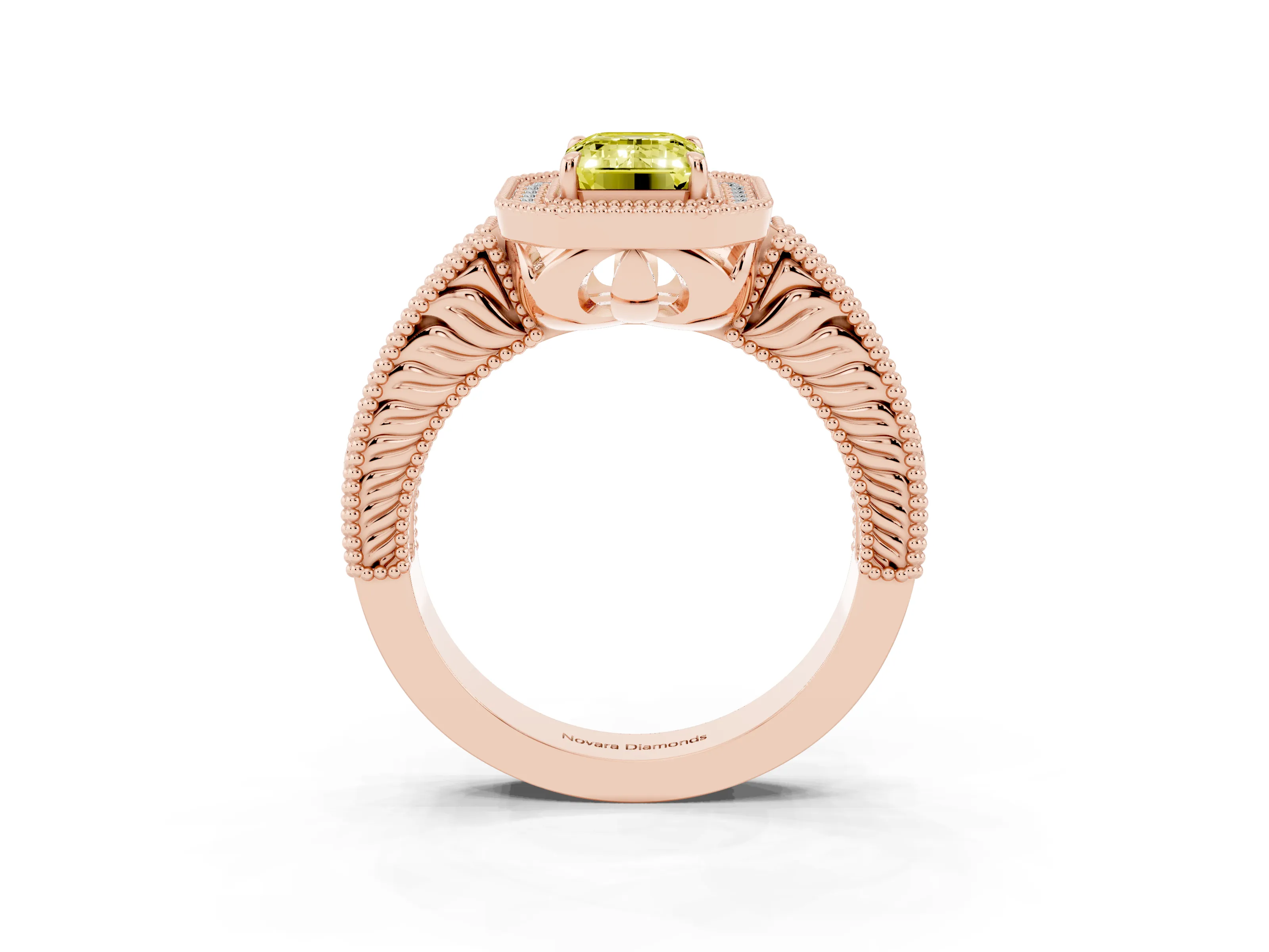 Fancy Yellow Emerald Cut Diamond Halo Ring Set in Rose gold with Round Accent Halo, Pavé Band and Prong Setting