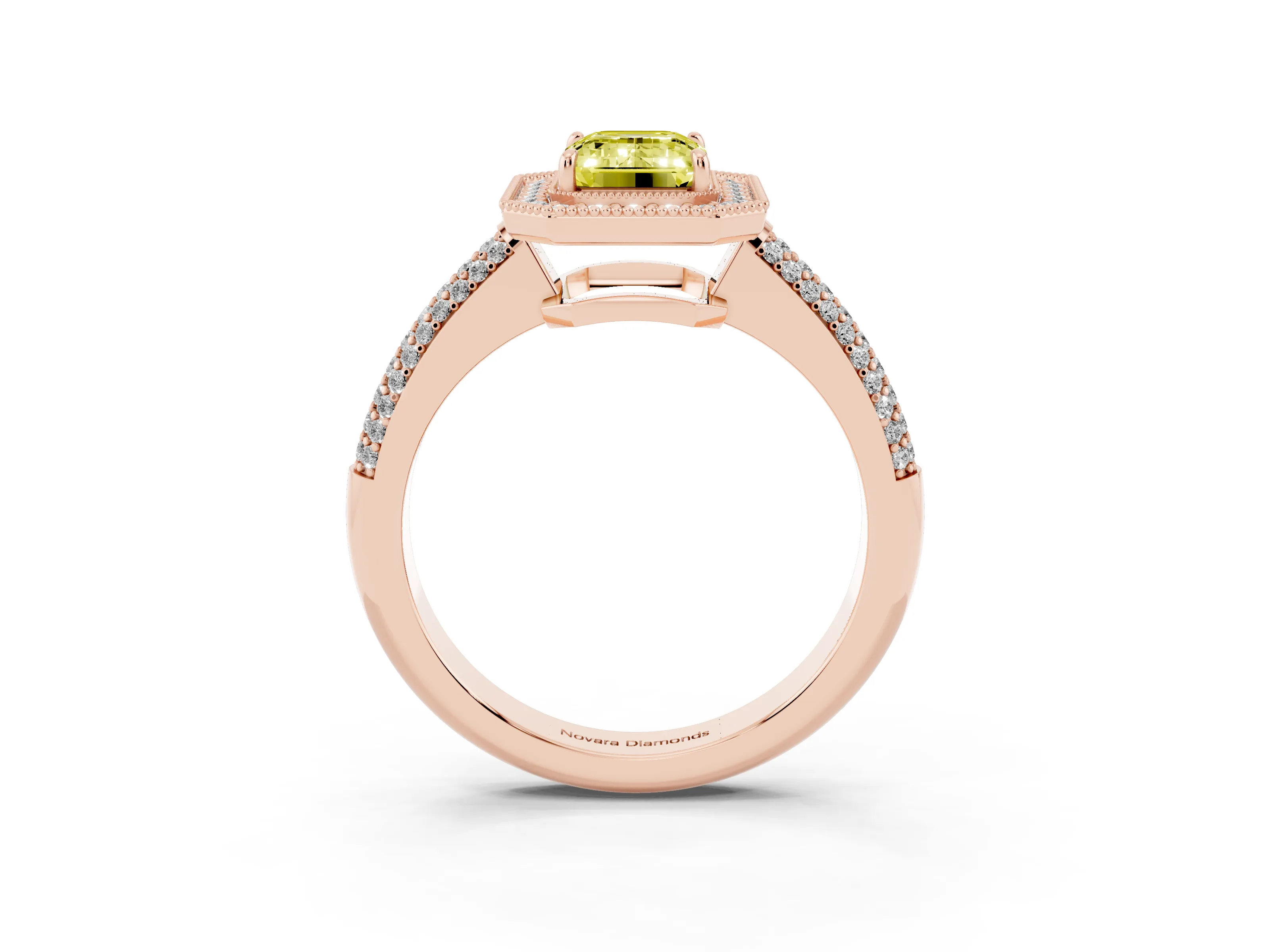 Fancy Yellow Emerald Cut Diamond Halo Pavé Band Set in Rose gold with Prong Setting