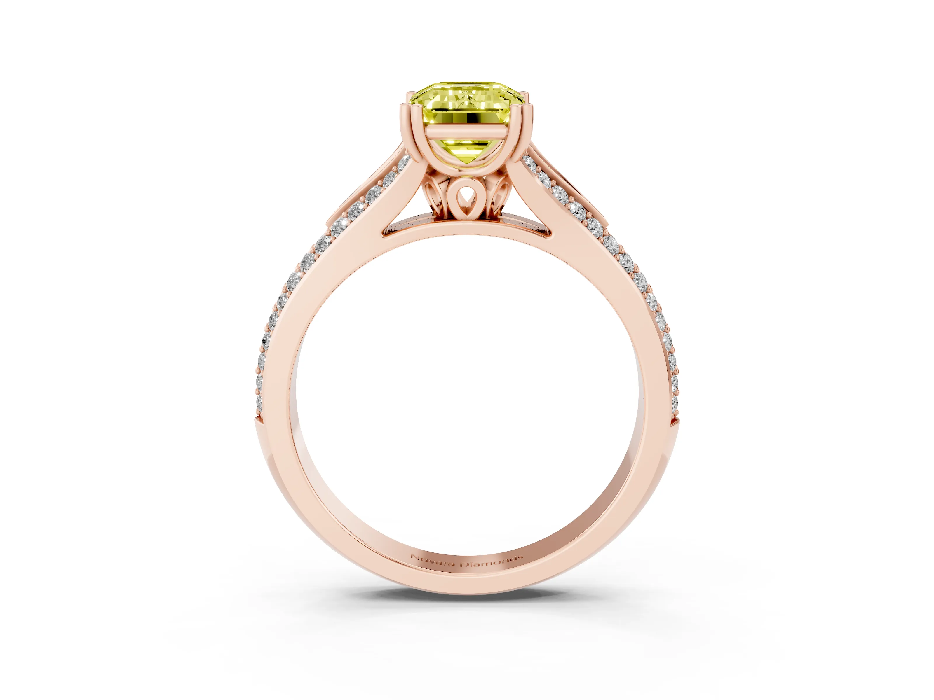Fancy Yellow Emerald Cut Diamond Split Shank Pavé Engagement Ring Set in Rose gold with Prong-Set Center Stone