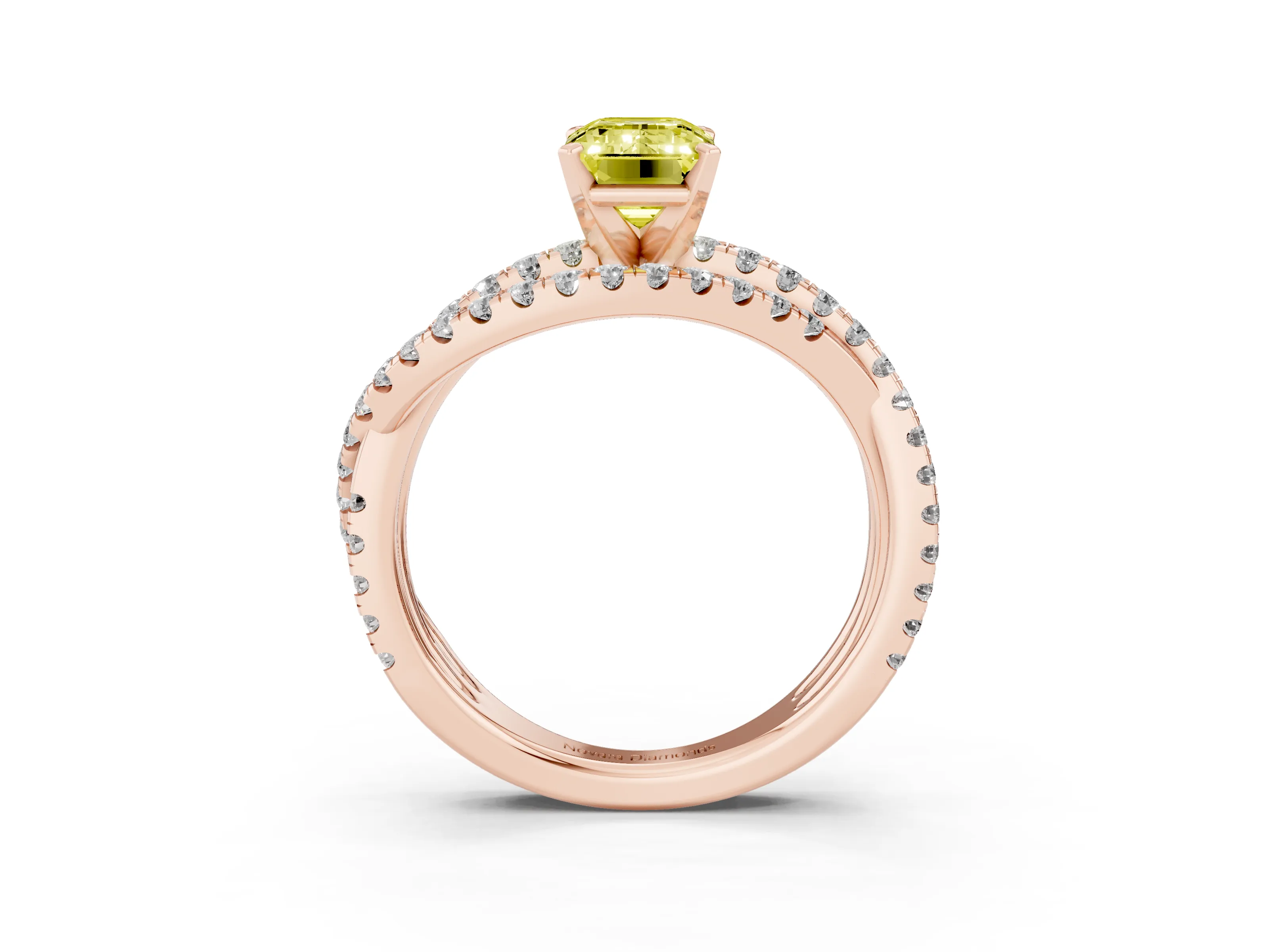 Fancy Yellow Emerald Cut Diamond Solitaire Twist Band Ring Set in Rose gold with Pavé Setting and Prong Head