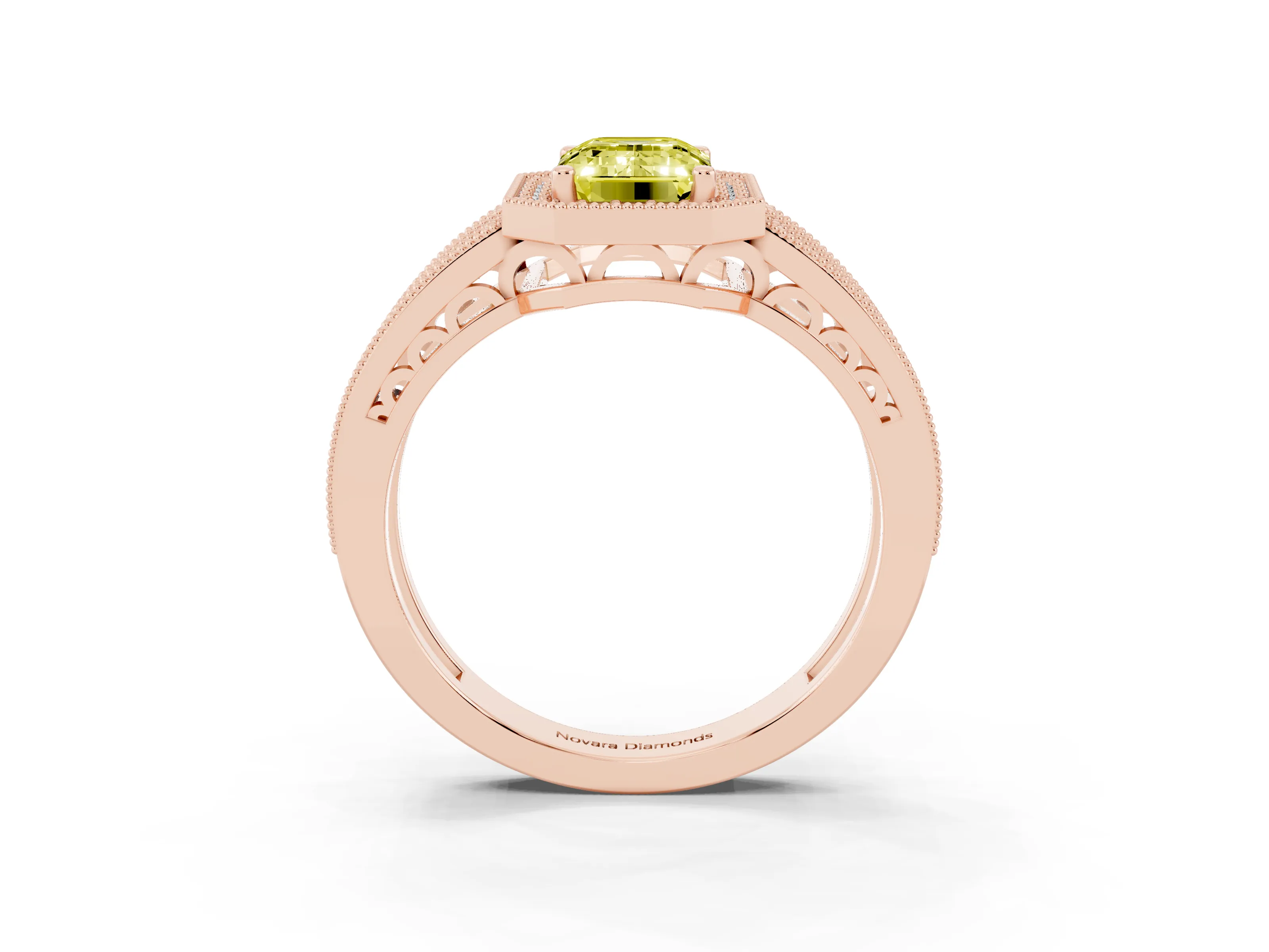 Fancy Yellow Emerald Cut Diamond Halo Ring Set in Rose gold with Accent Split Shank and Prong Setting