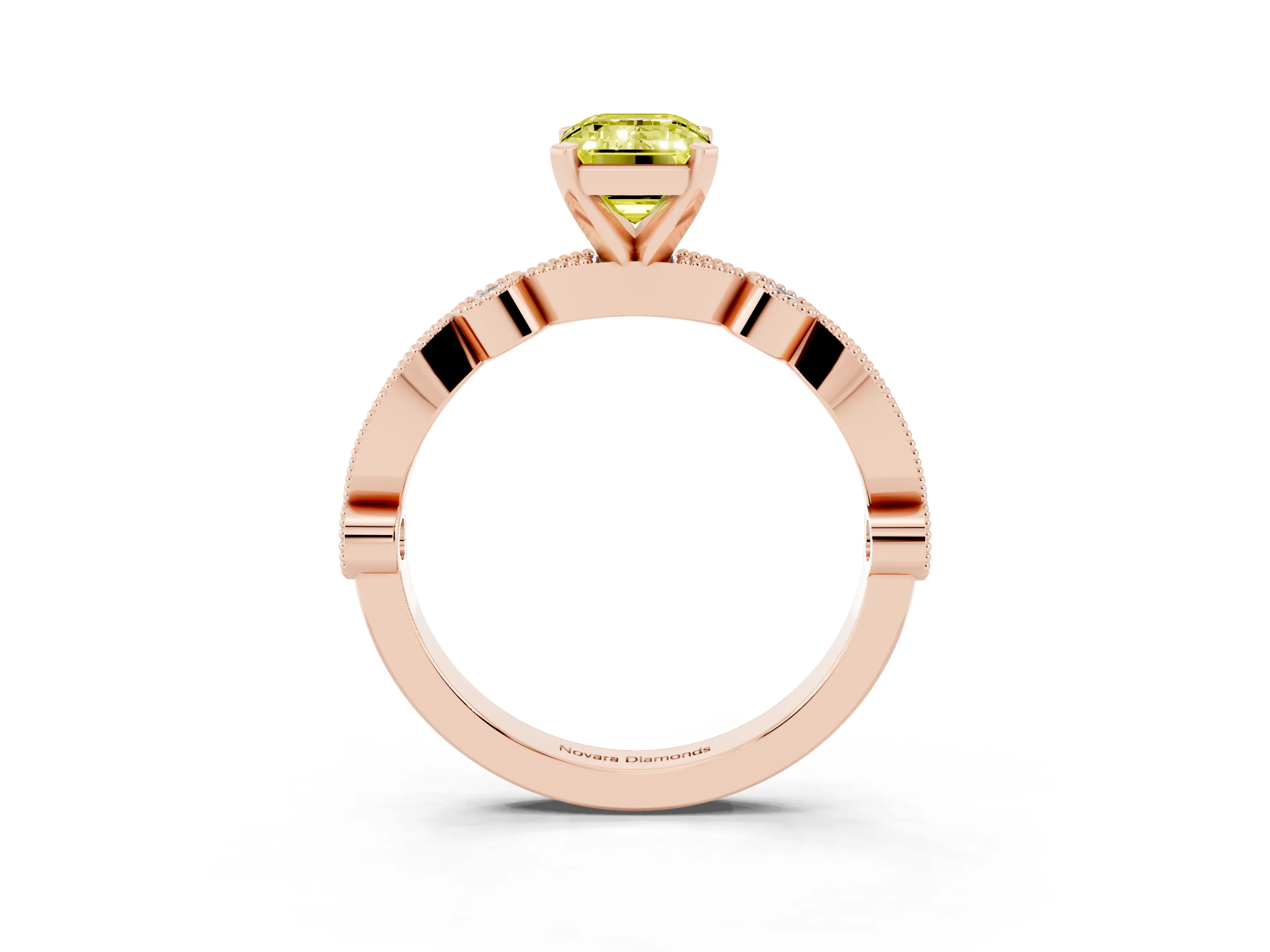 Fancy Yellow Emerald Cut Diamond Solitaire Engagement Ring Set in Rose gold with Milgrain Bezel Accent Band